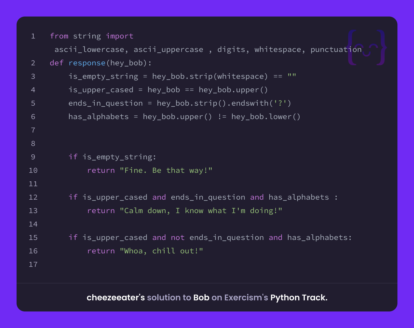 cheezeeater's solution for Bob in Python on Exercism