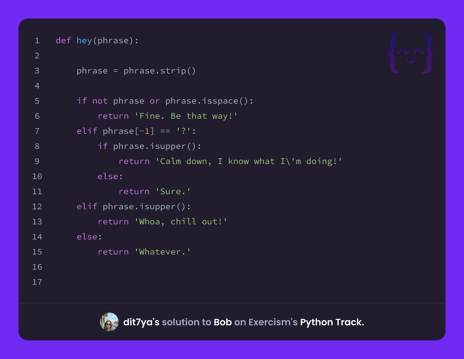 dit7ya's solution for Bob in Python on Exercism