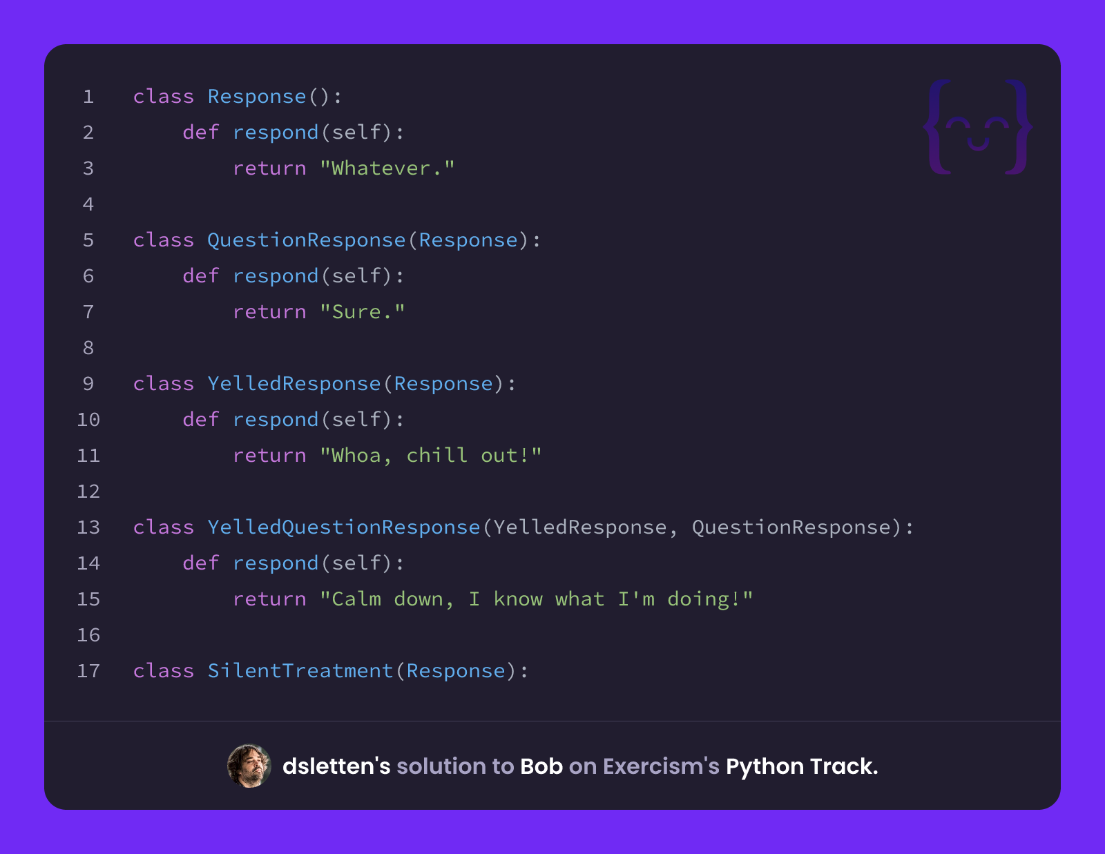 dsletten's solution for Bob in Python on Exercism