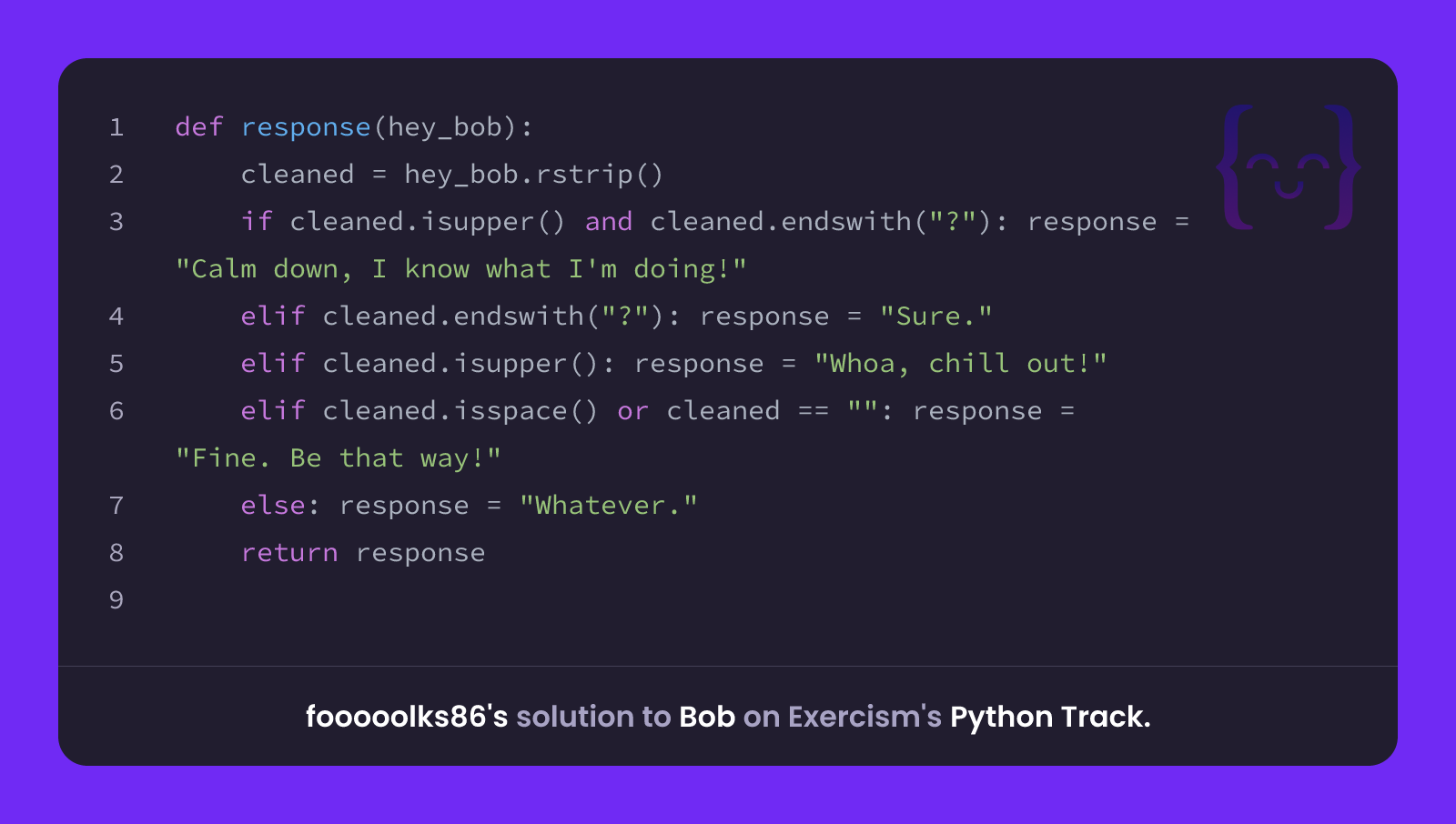 fooooolks86's solution for Bob in Python on Exercism