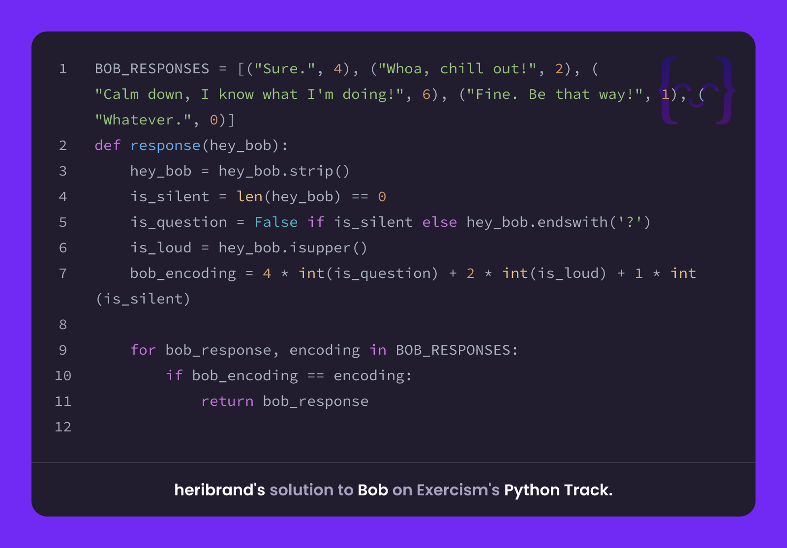 heribrand's solution for Bob in Python on Exercism