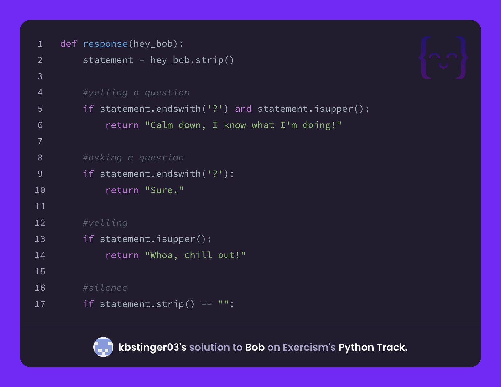 kbstinger03's solution for Bob in Python on Exercism