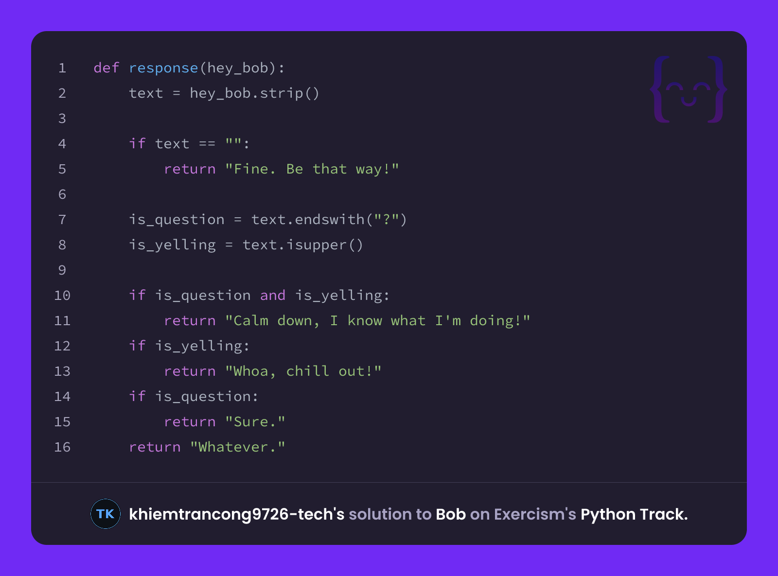 khiemtrancong9726-tech's solution for Bob in Python on Exercism