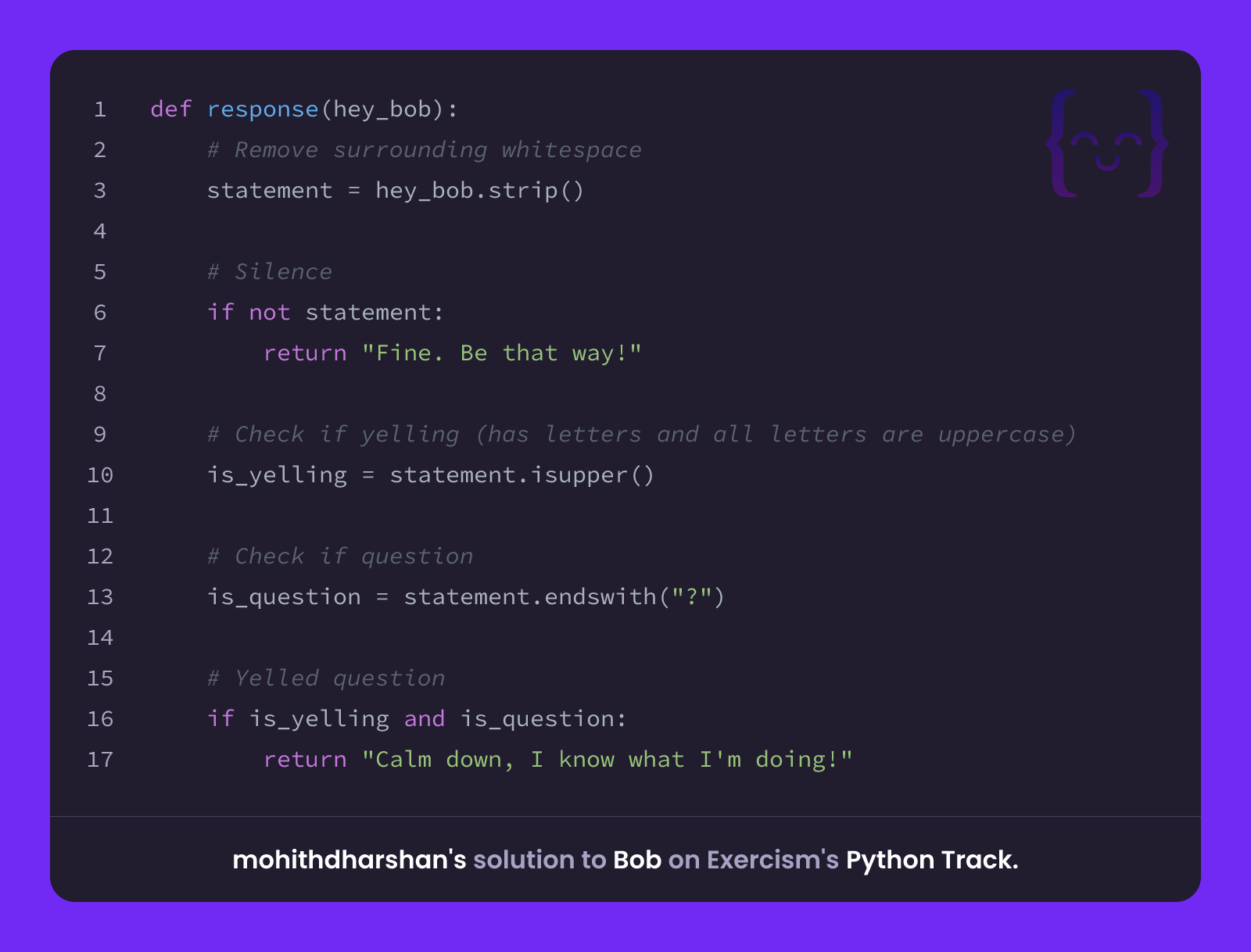 mohithdharshan's solution for Bob in Python on Exercism