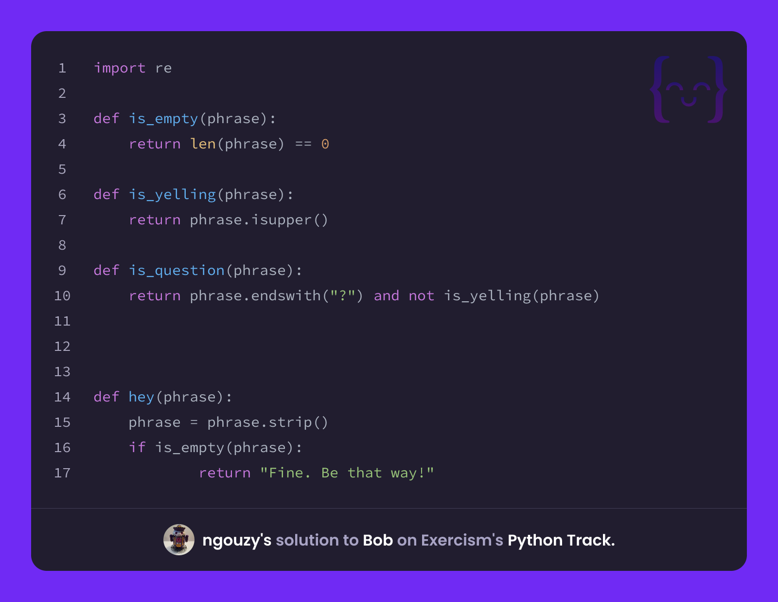 ngouzy's solution for Bob in Python on Exercism