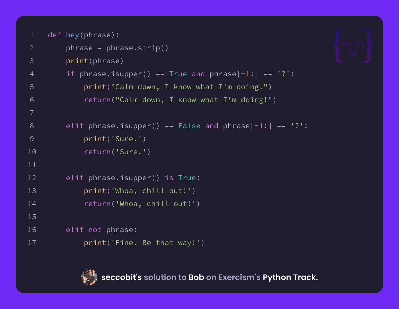 seccobit's solution for Bob in Python on Exercism
