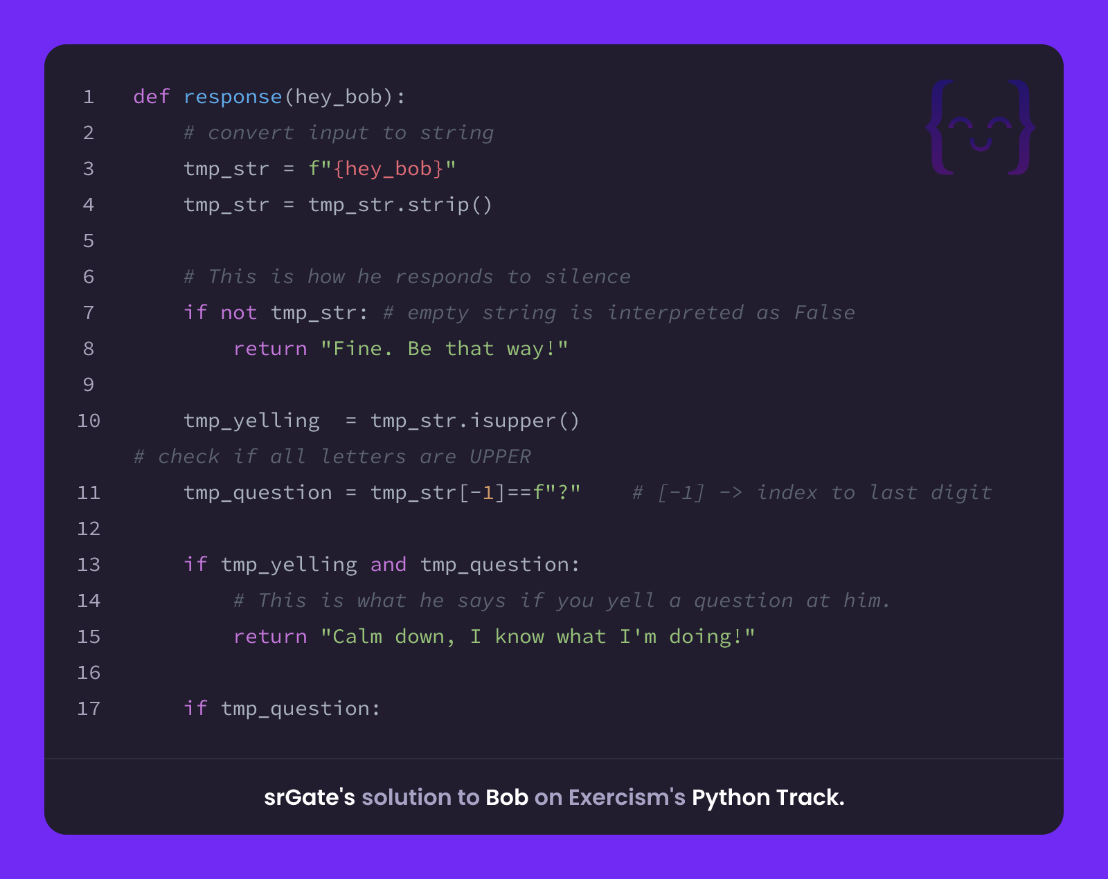 srGate's solution for Bob in Python on Exercism