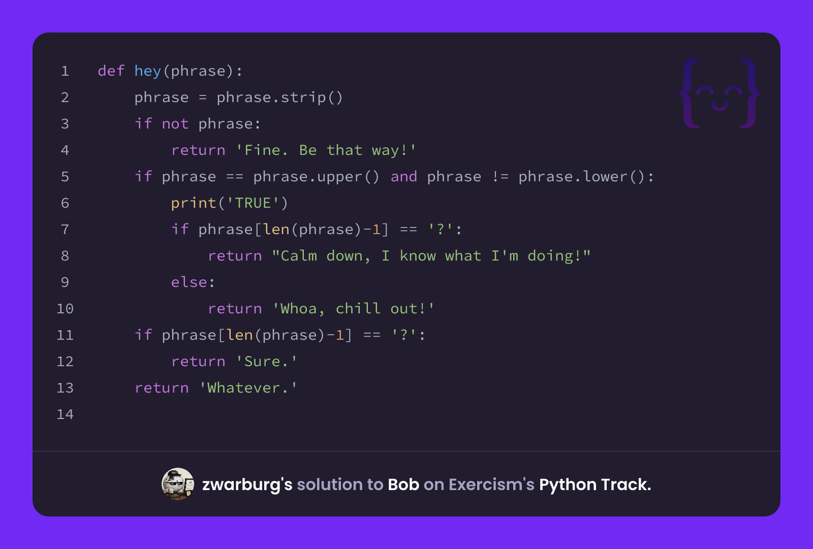 zwarburg's solution for Bob in Python on Exercism
