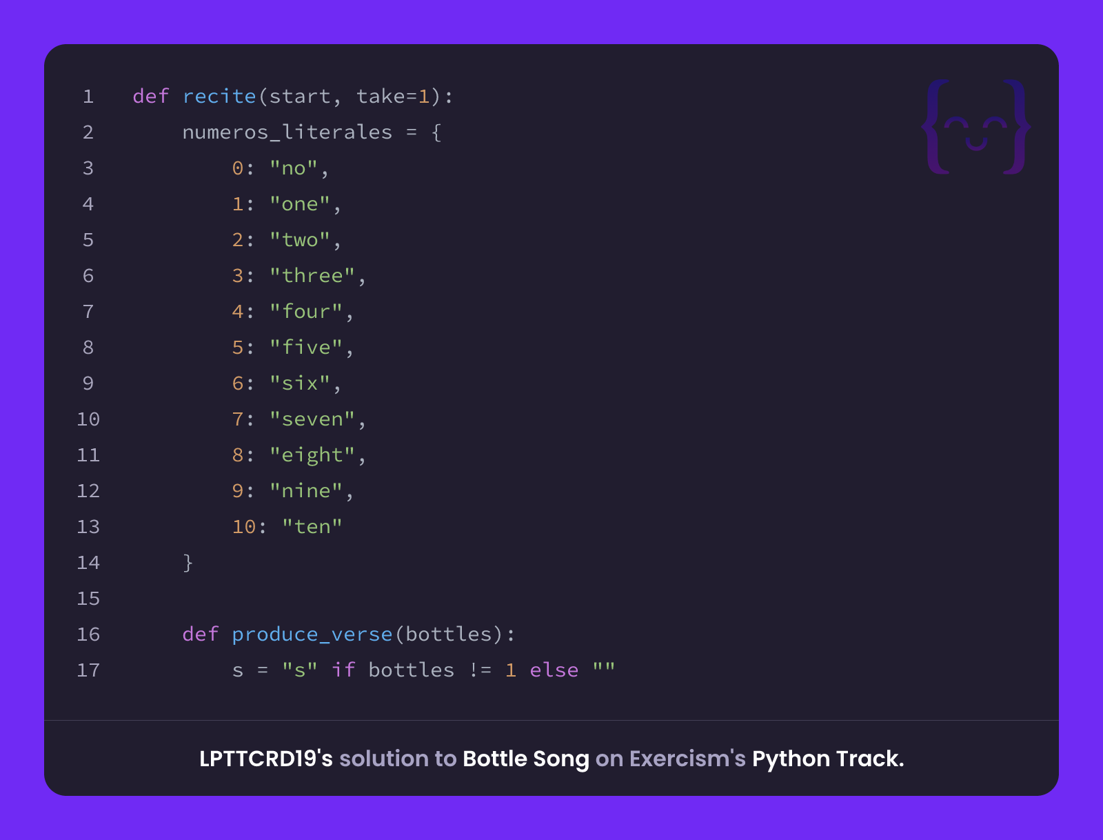 LPTTCRD19's solution for Bottle Song in Python on Exercism