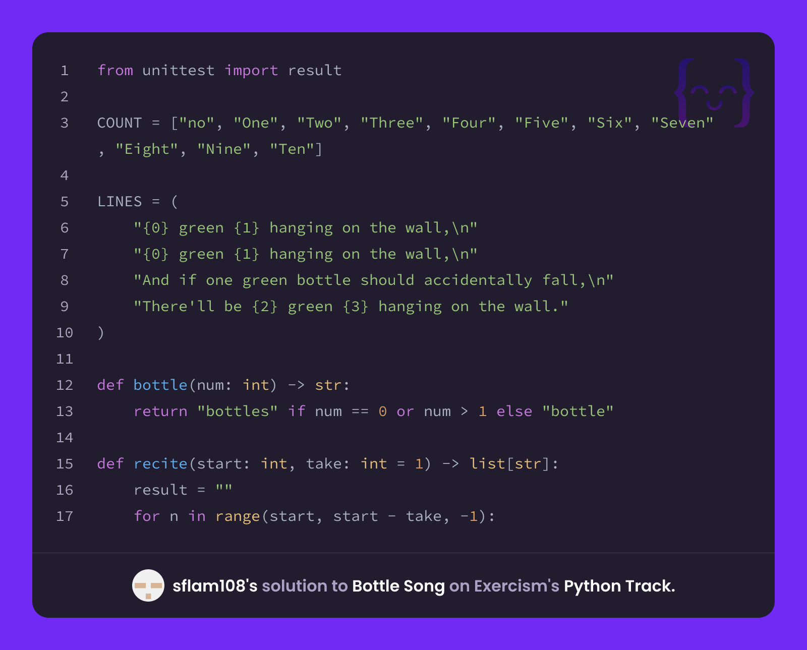 sflam108's solution for Bottle Song in Python on Exercism