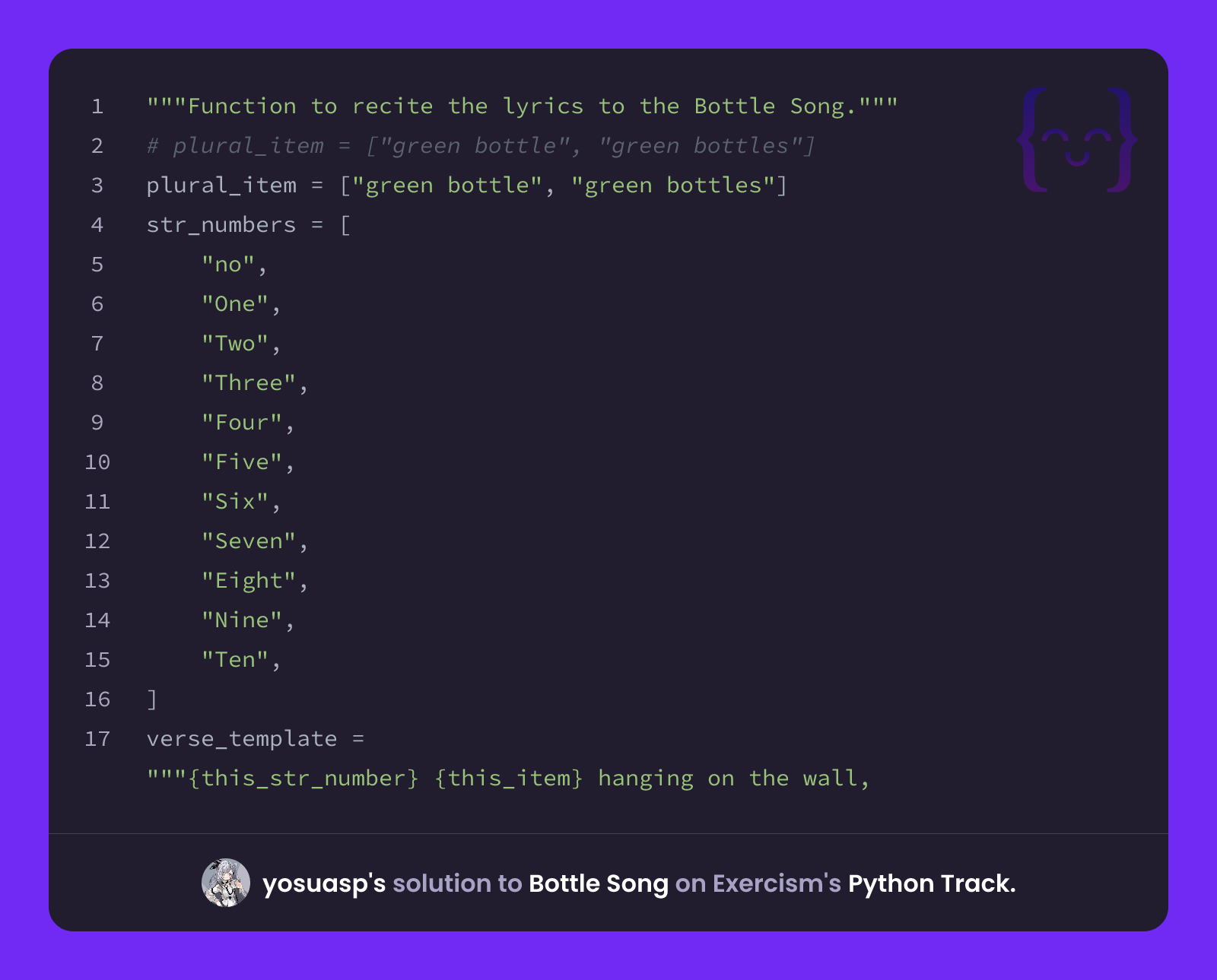 yosuasp's solution for Bottle Song in Python on Exercism