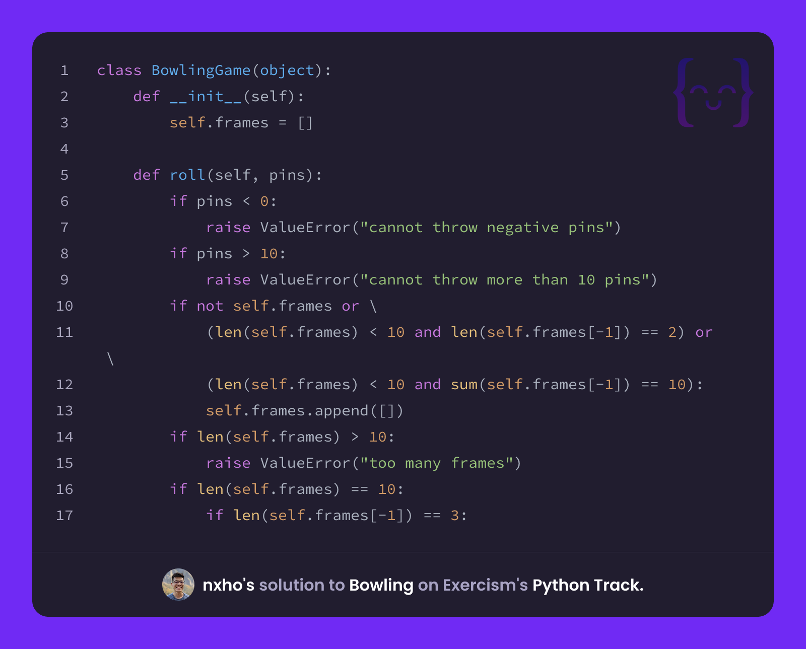 nxho's solution for Bowling in Python on Exercism