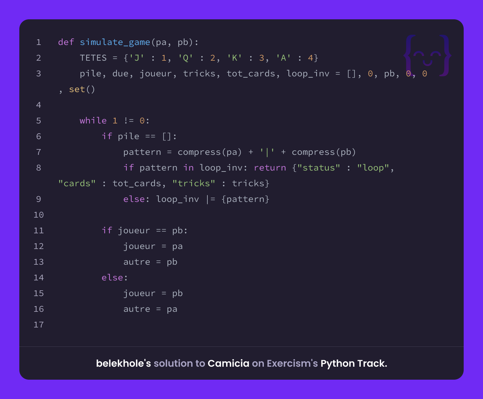 belekhole's solution for Camicia in Python on Exercism