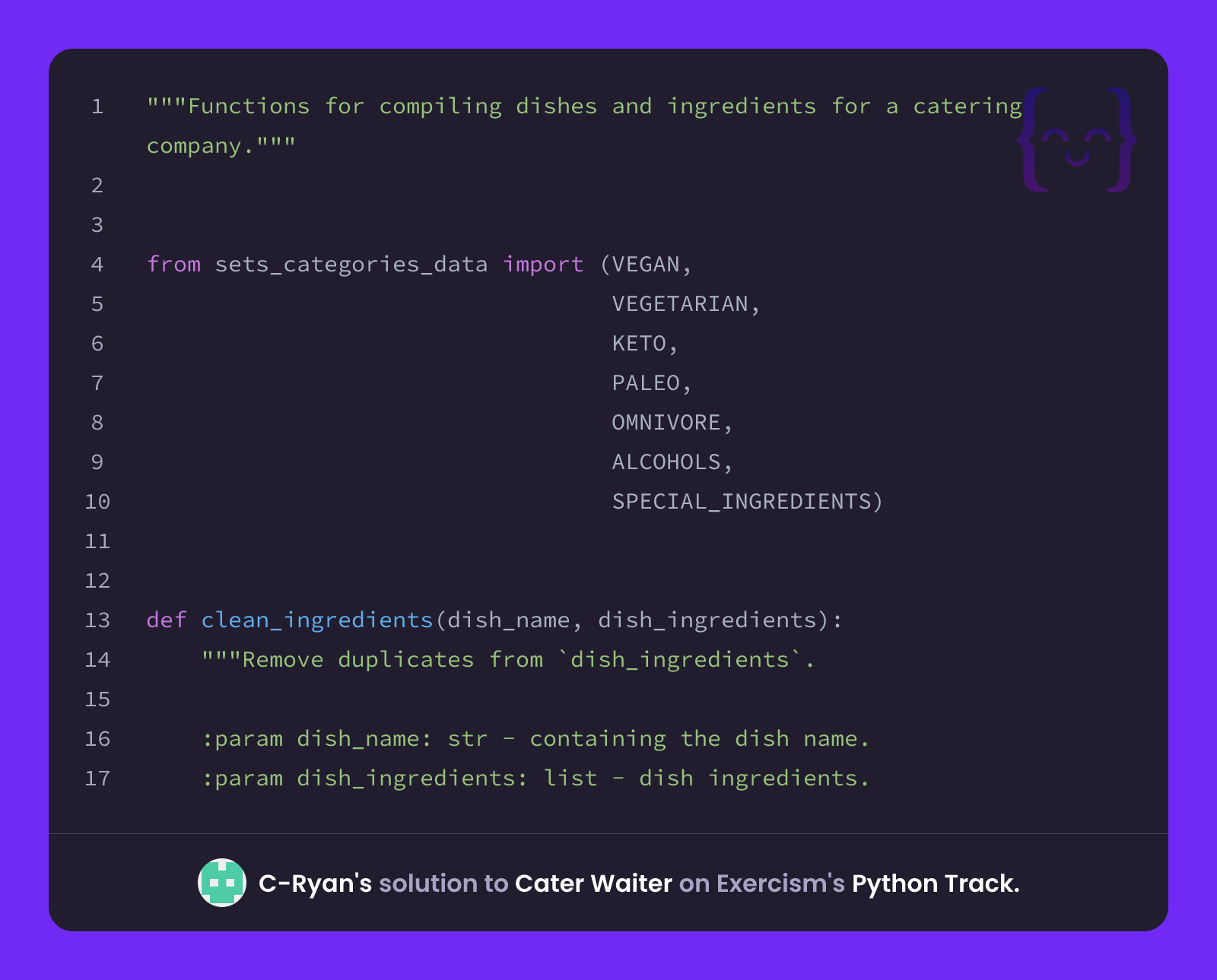 C-Ryan's solution for Cater Waiter in Python on Exercism