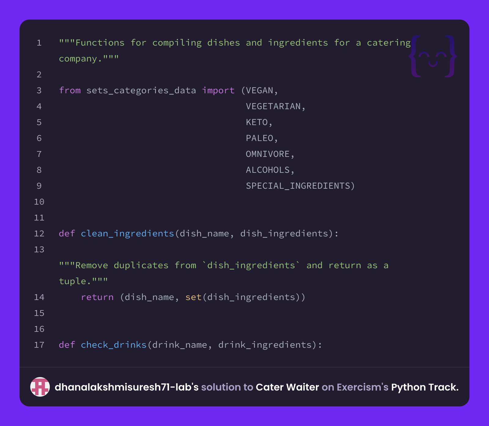 dhanalakshmisuresh71-lab's solution for Cater Waiter in Python on Exercism