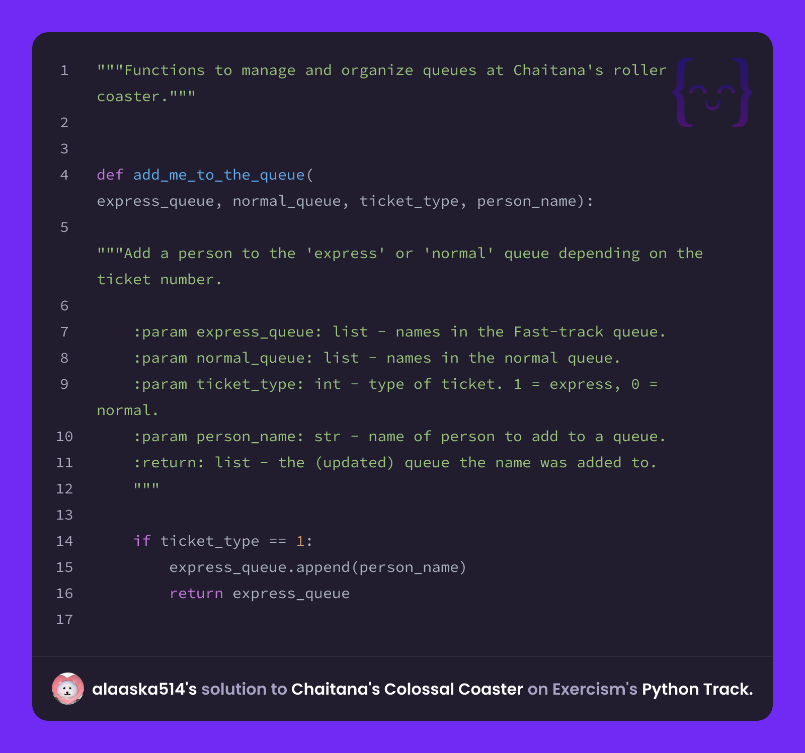 alaaska514's solution for Chaitana's Colossal Coaster in Python on Exercism