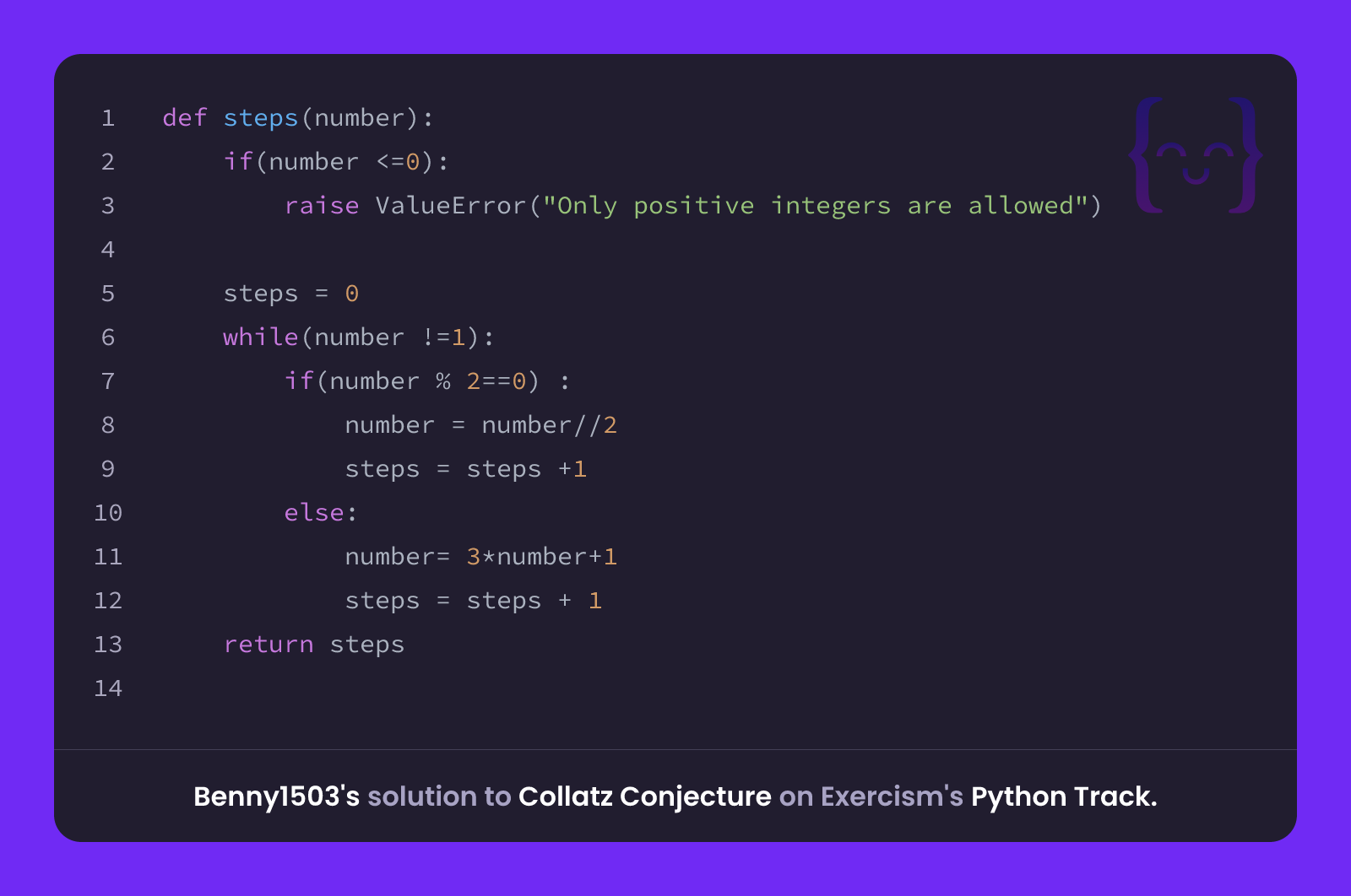 Benny1503's solution for Collatz Conjecture in Python on Exercism