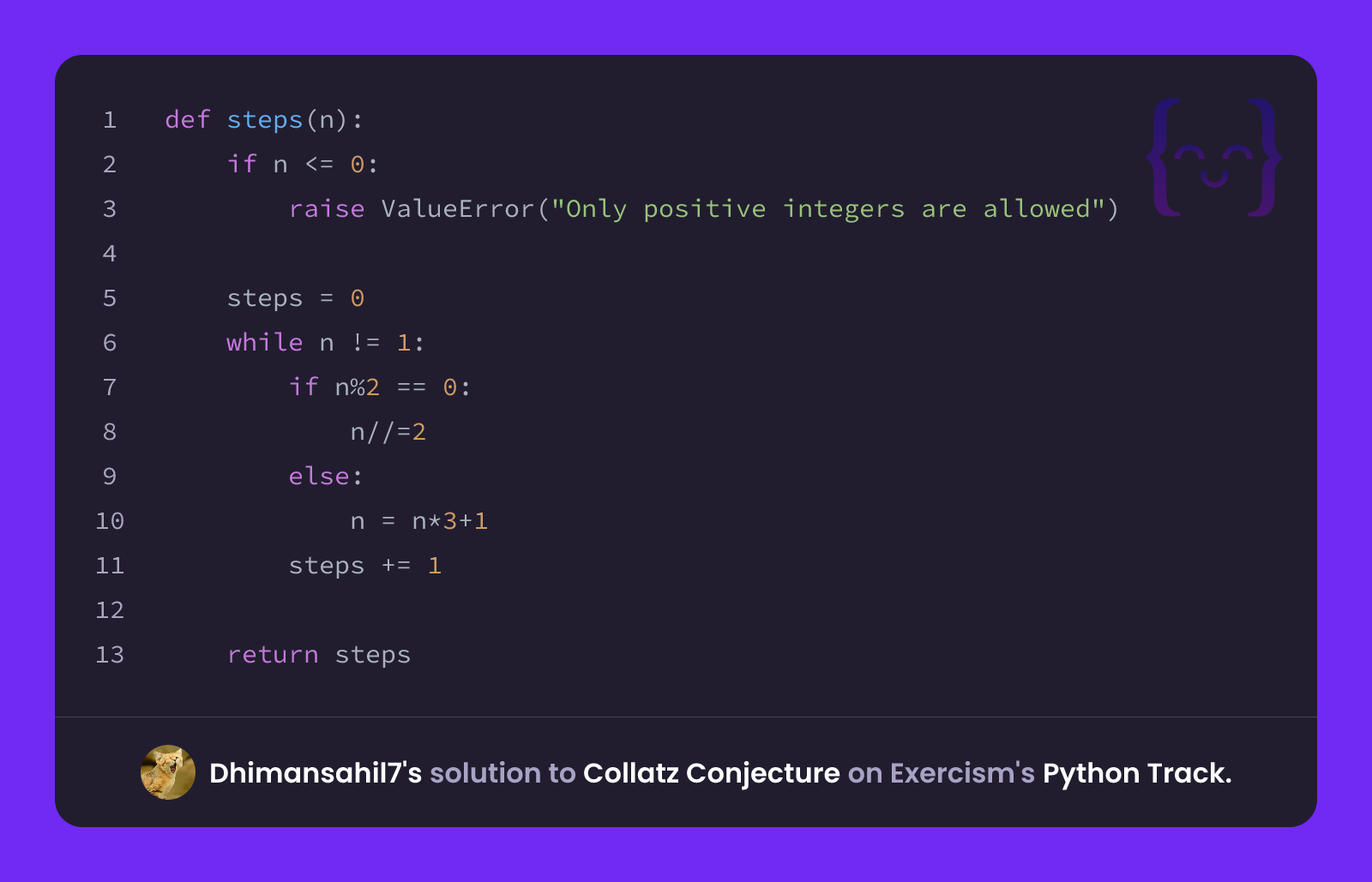 Dhimansahil7's solution for Collatz Conjecture in Python on Exercism