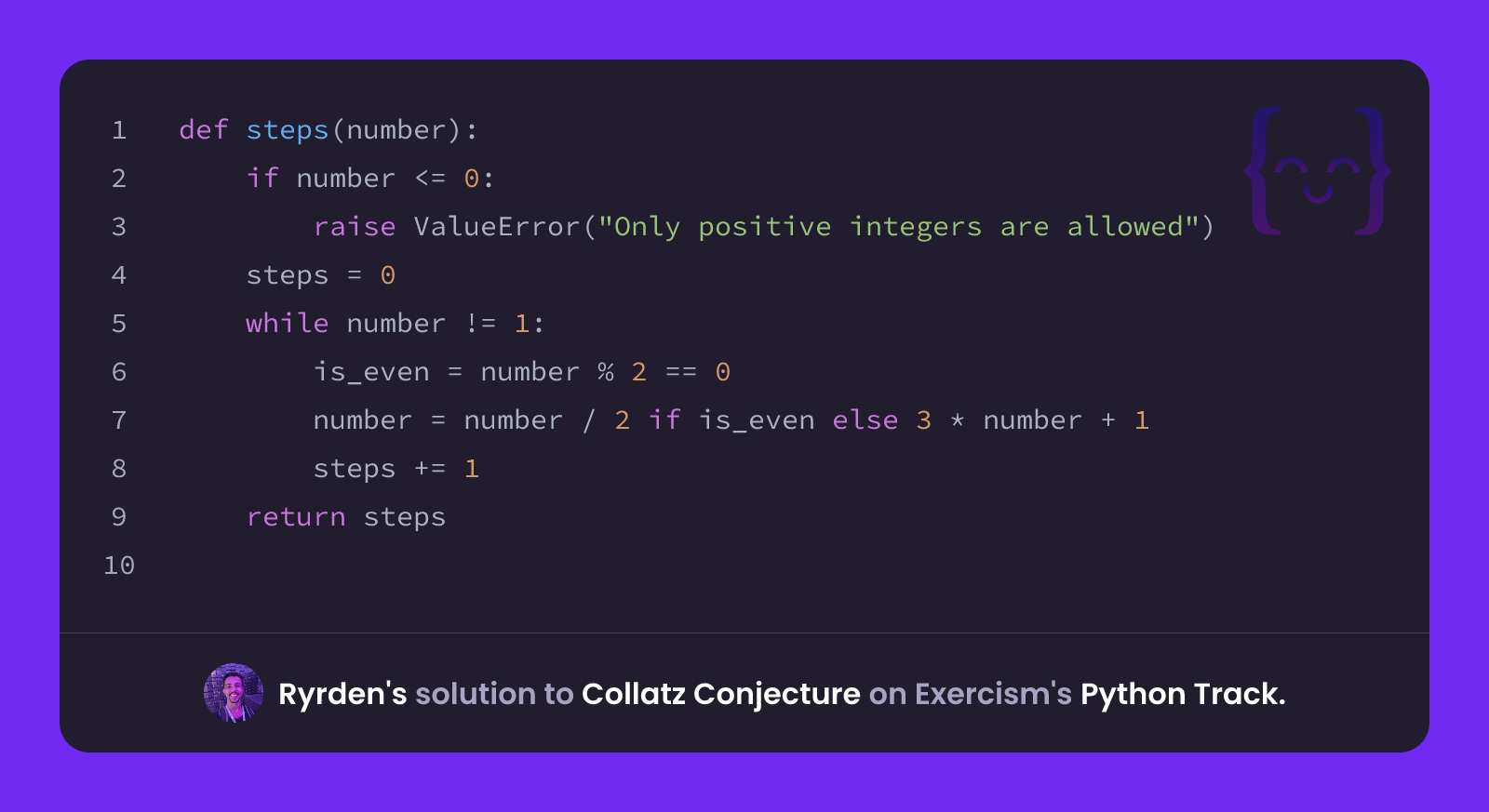 Ryrden's solution for Collatz Conjecture in Python on Exercism
