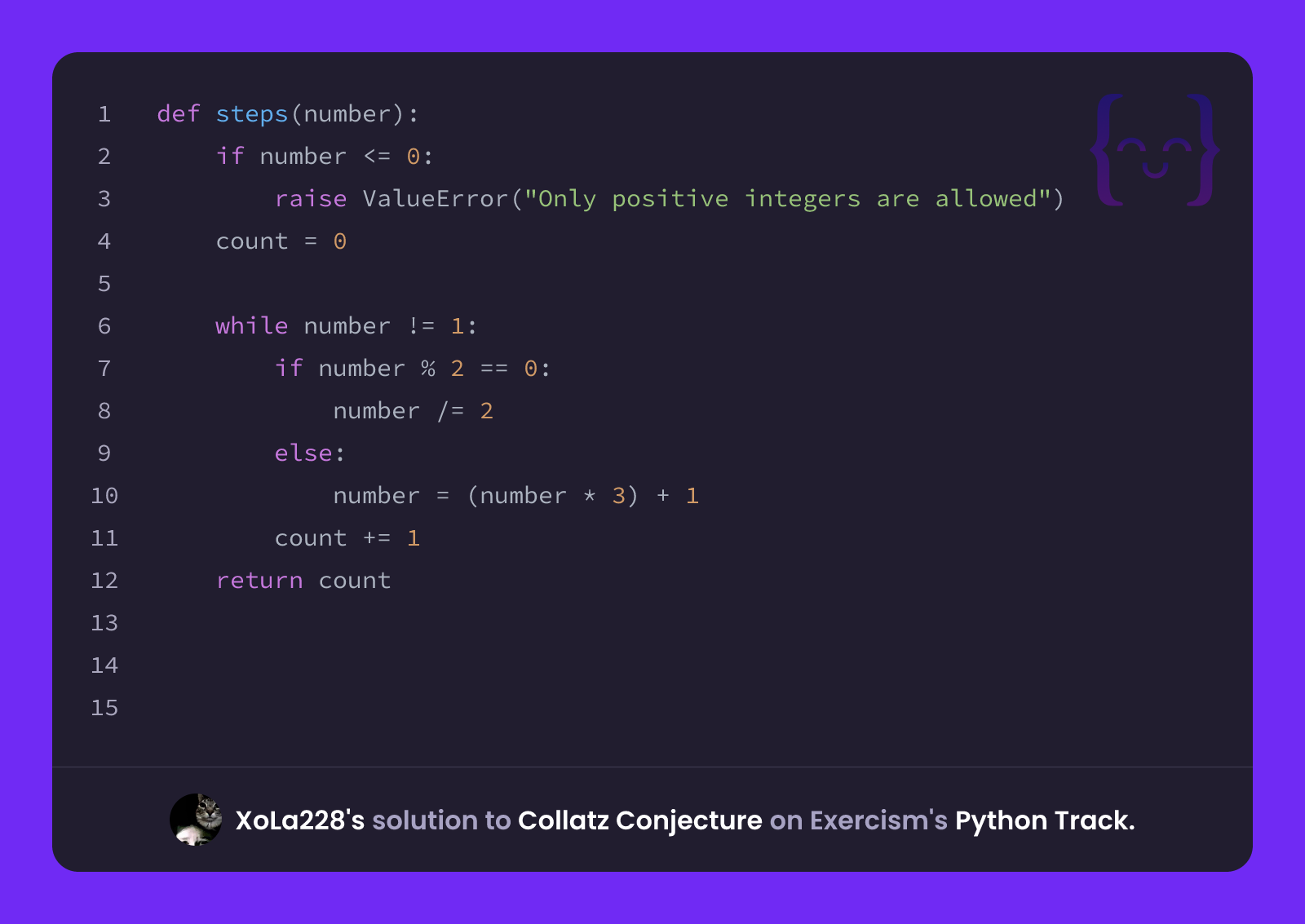 XoLa228's solution for Collatz Conjecture in Python on Exercism