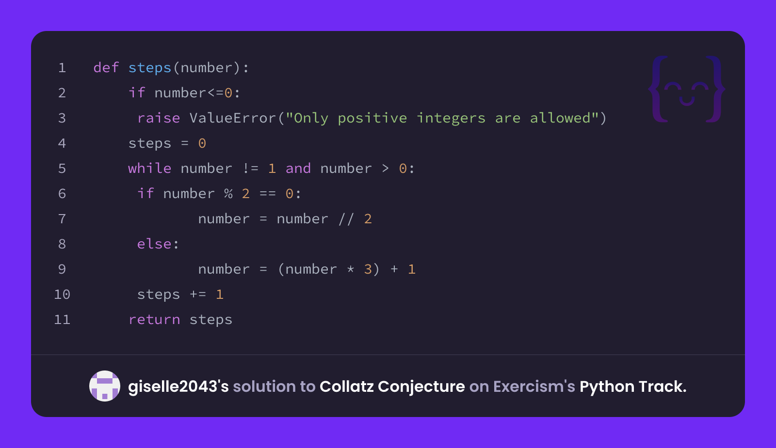 giselle2043's solution for Collatz Conjecture in Python on Exercism