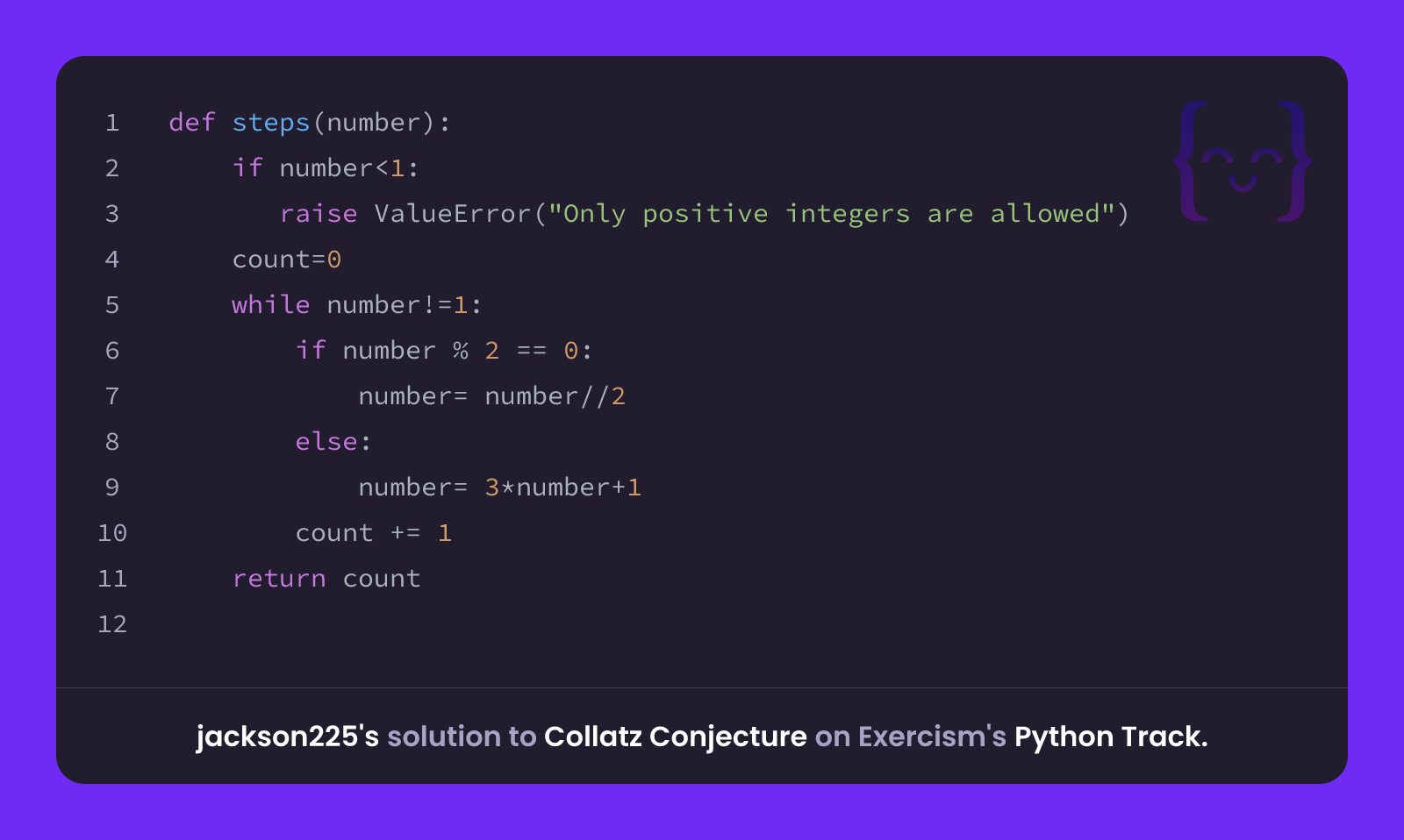 jackson225's solution for Collatz Conjecture in Python on Exercism
