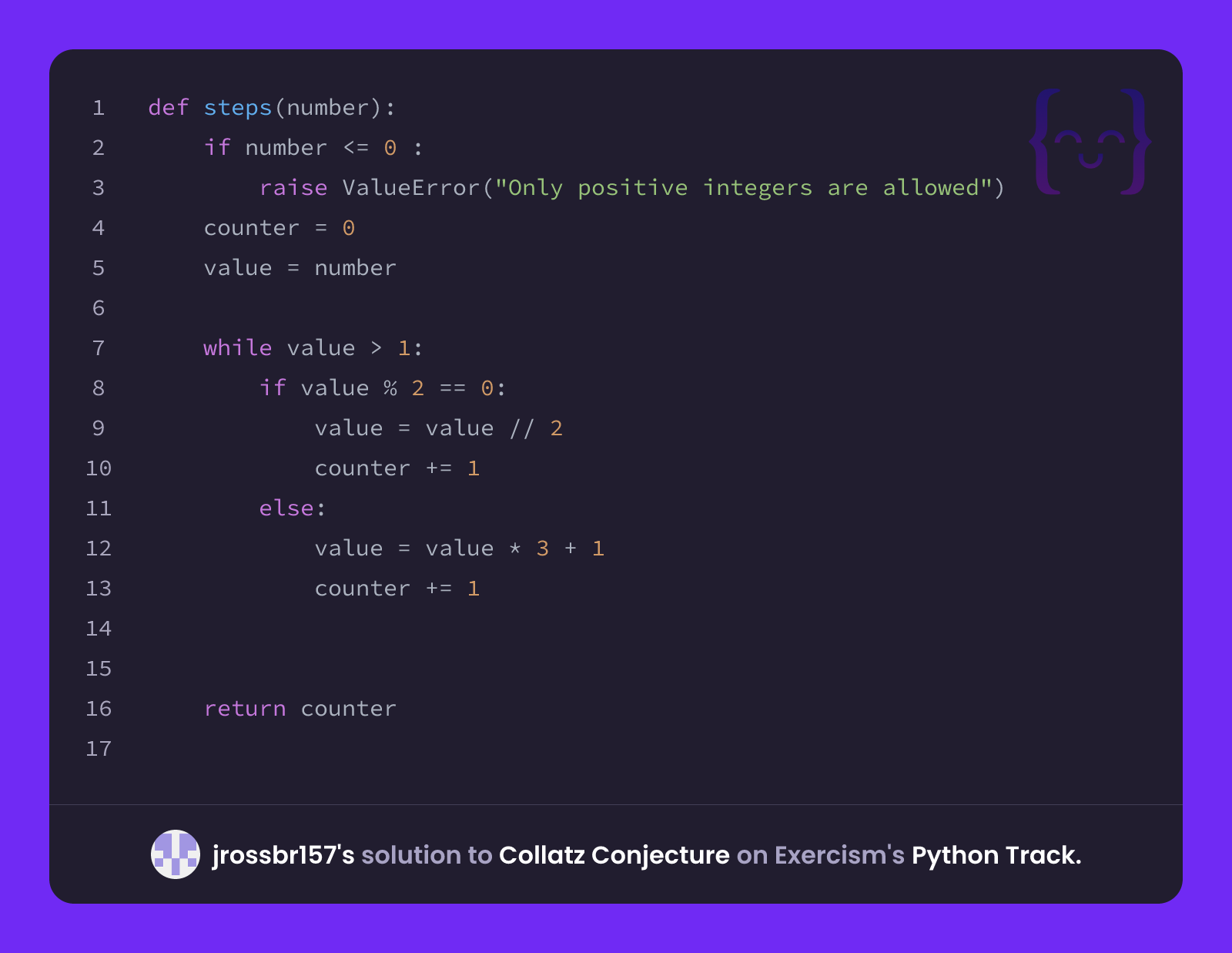 jrossbr157's solution for Collatz Conjecture in Python on Exercism
