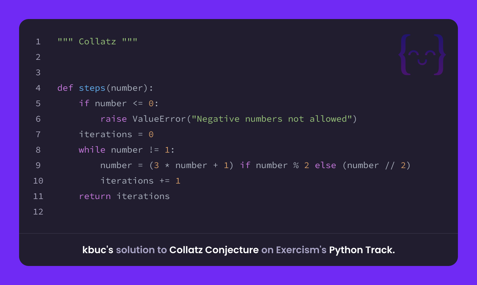 kbuc's solution for Collatz Conjecture in Python on Exercism