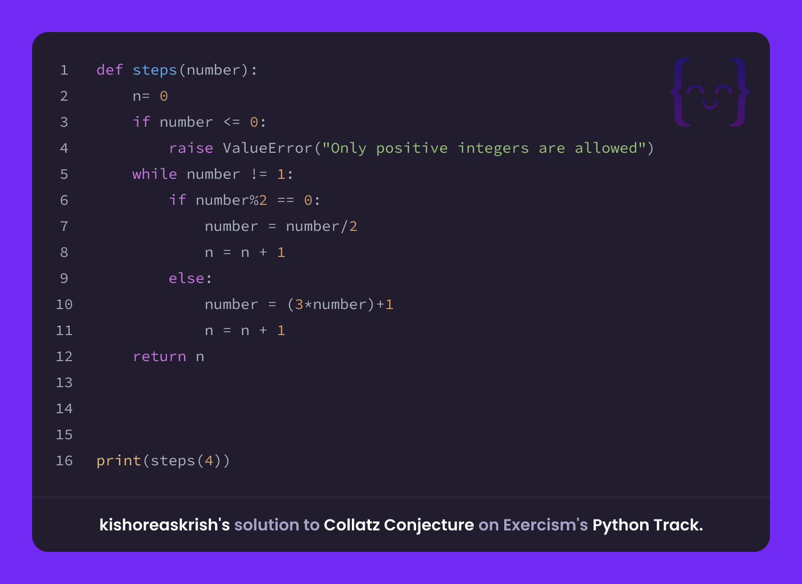 kishoreaskrish's solution for Collatz Conjecture in Python on Exercism