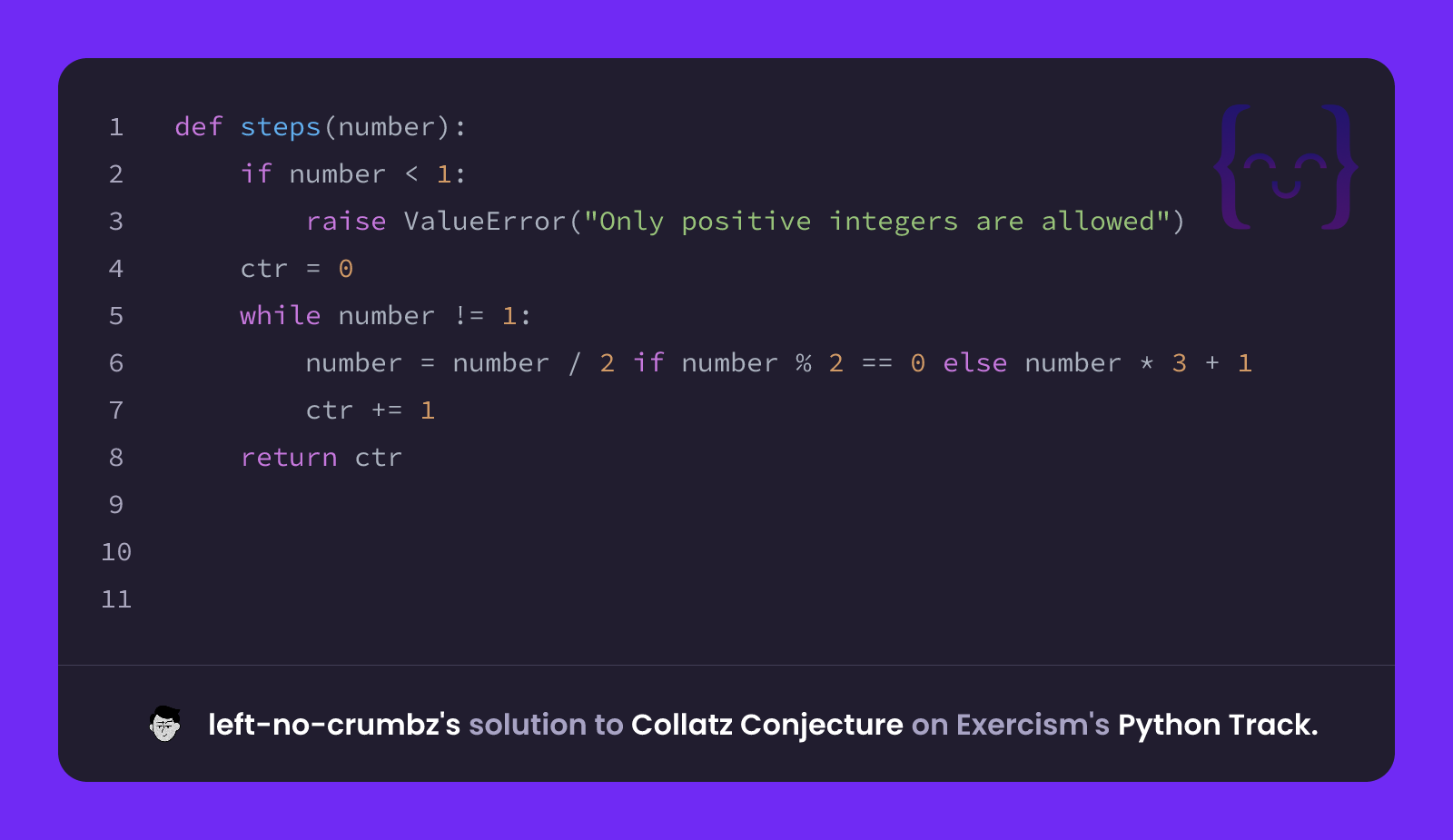 left-no-crumbz's solution for Collatz Conjecture in Python on Exercism