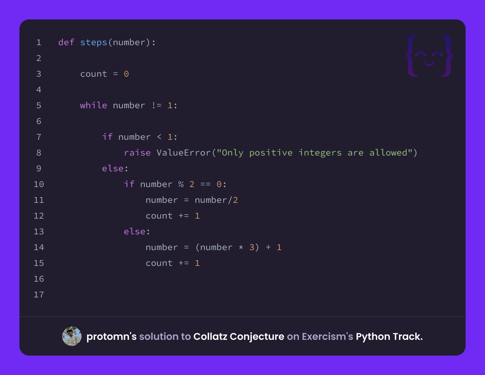 protomn's solution for Collatz Conjecture in Python on Exercism