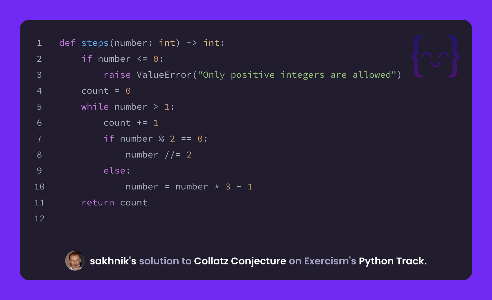sakhnik's solution for Collatz Conjecture in Python on Exercism