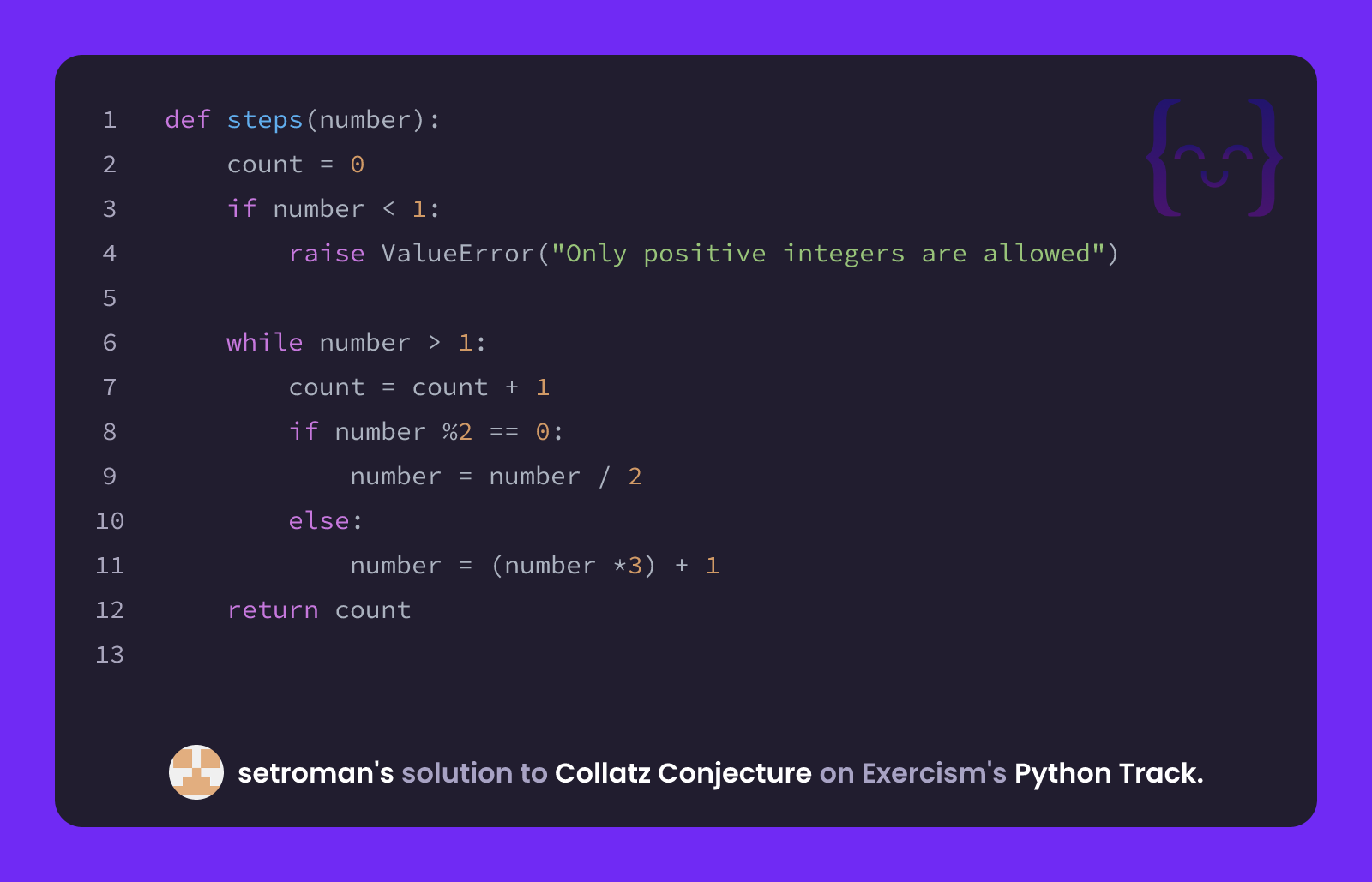 setroman's solution for Collatz Conjecture in Python on Exercism