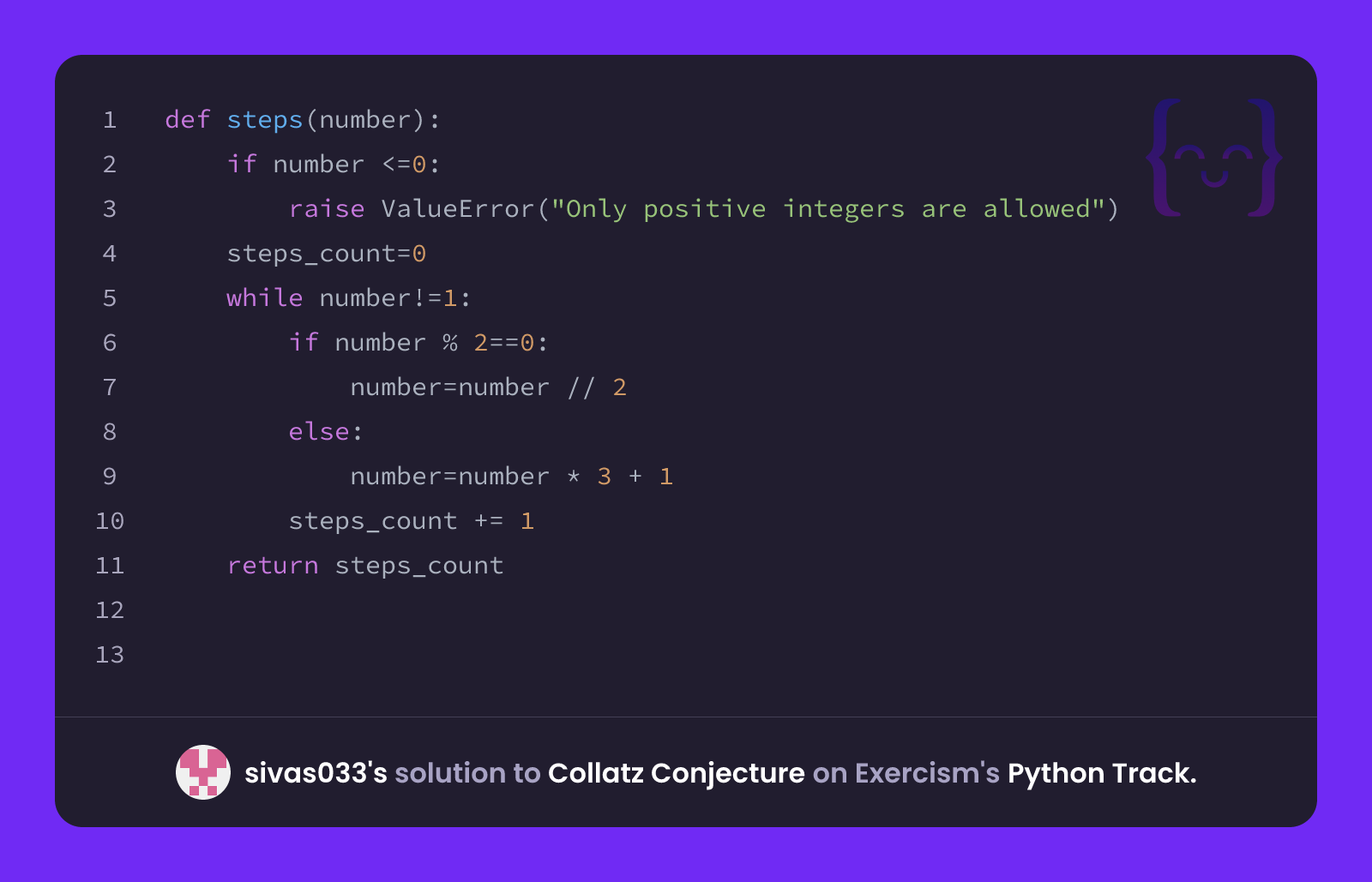 sivas033's solution for Collatz Conjecture in Python on Exercism