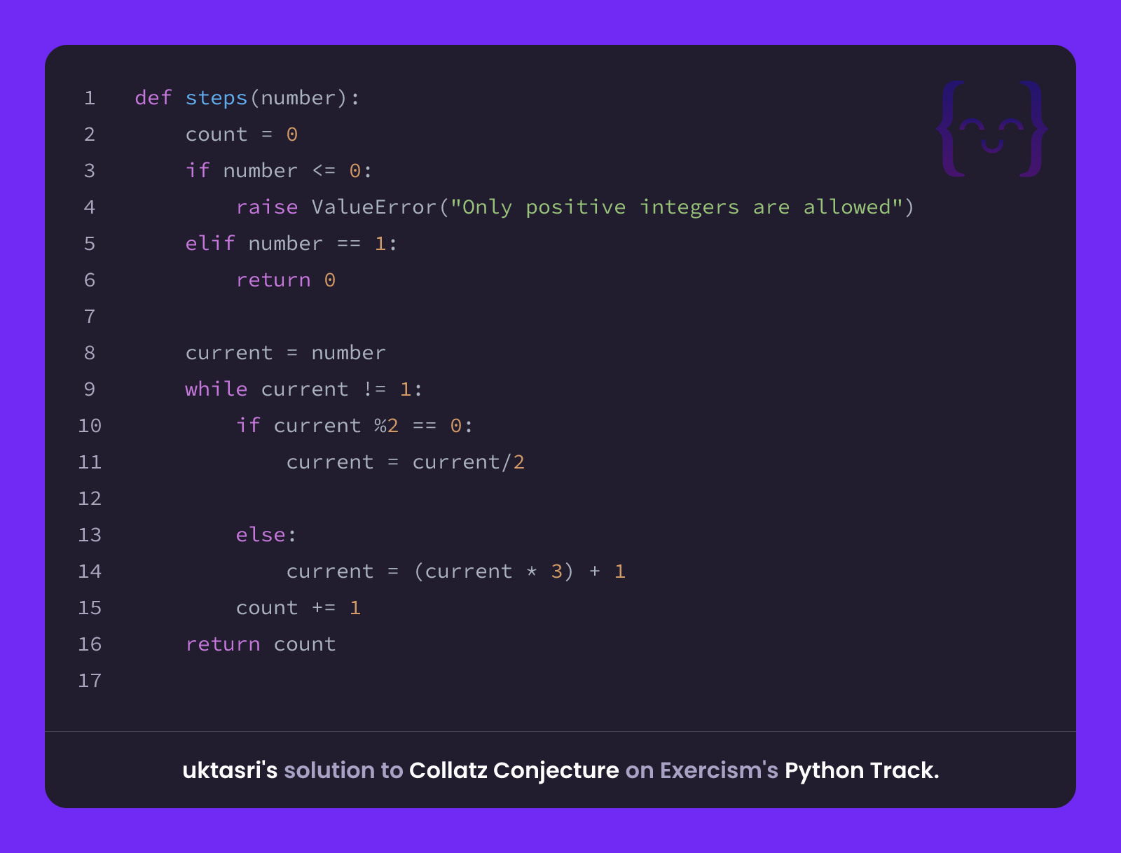 uktasri's solution for Collatz Conjecture in Python on Exercism
