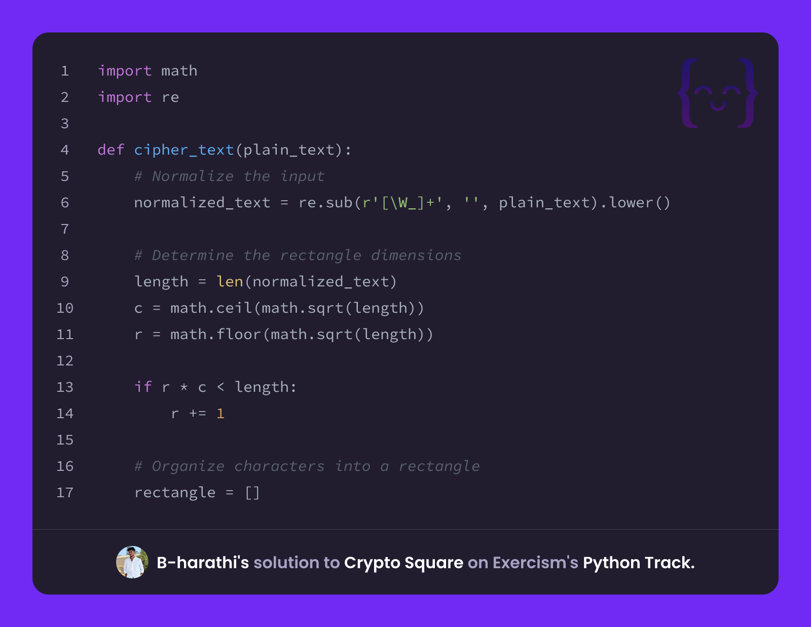 B-harathi's solution for Crypto Square in Python on Exercism