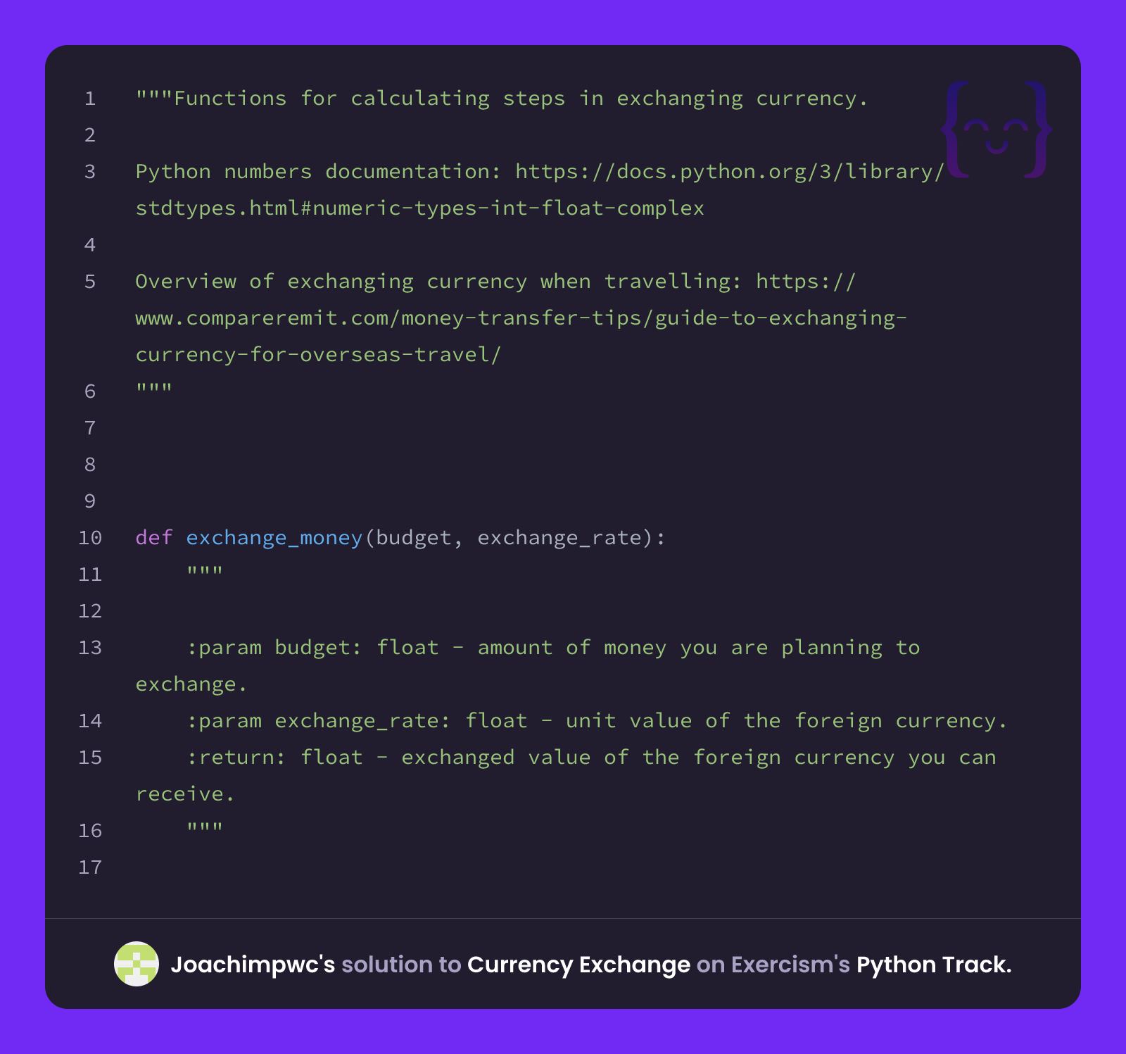Joachimpwc's solution for Currency Exchange in Python on Exercism