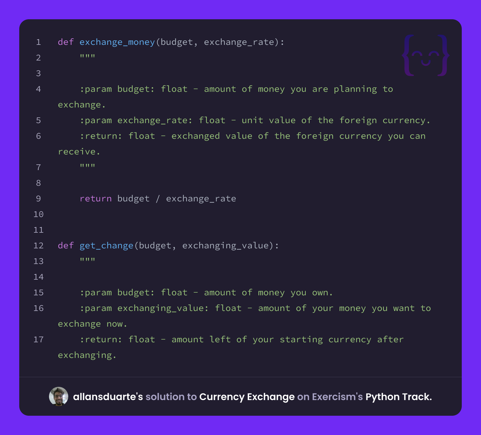 allansduarte's solution for Currency Exchange in Python on Exercism