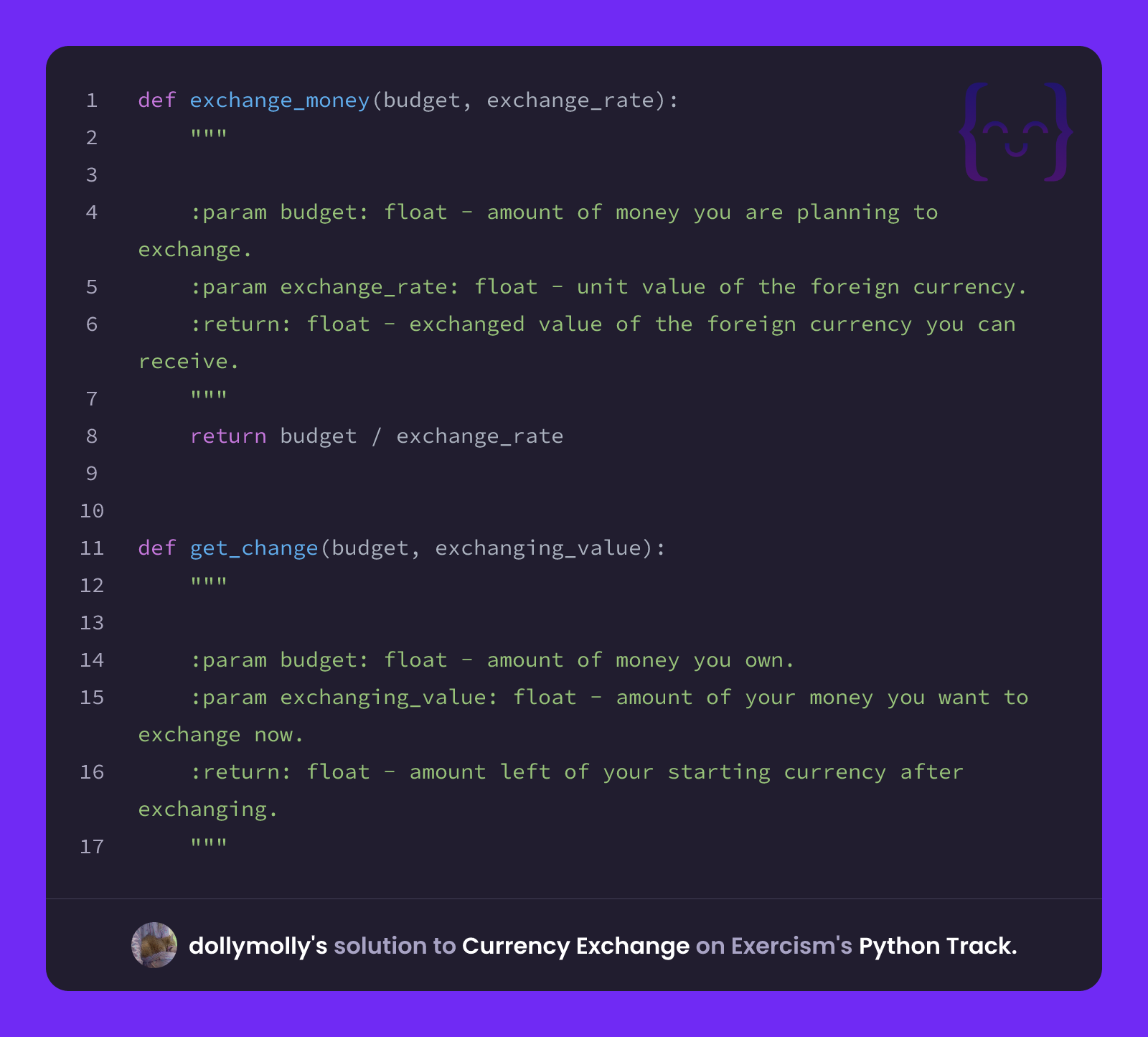 Molly Darling Python dollymolly's solution for Currency Exchange in Python on Exercism