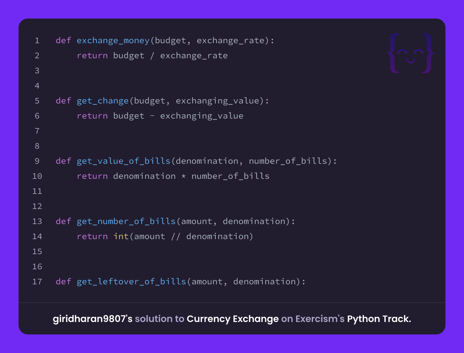 giridharan9807's solution for Currency Exchange in Python on Exercism