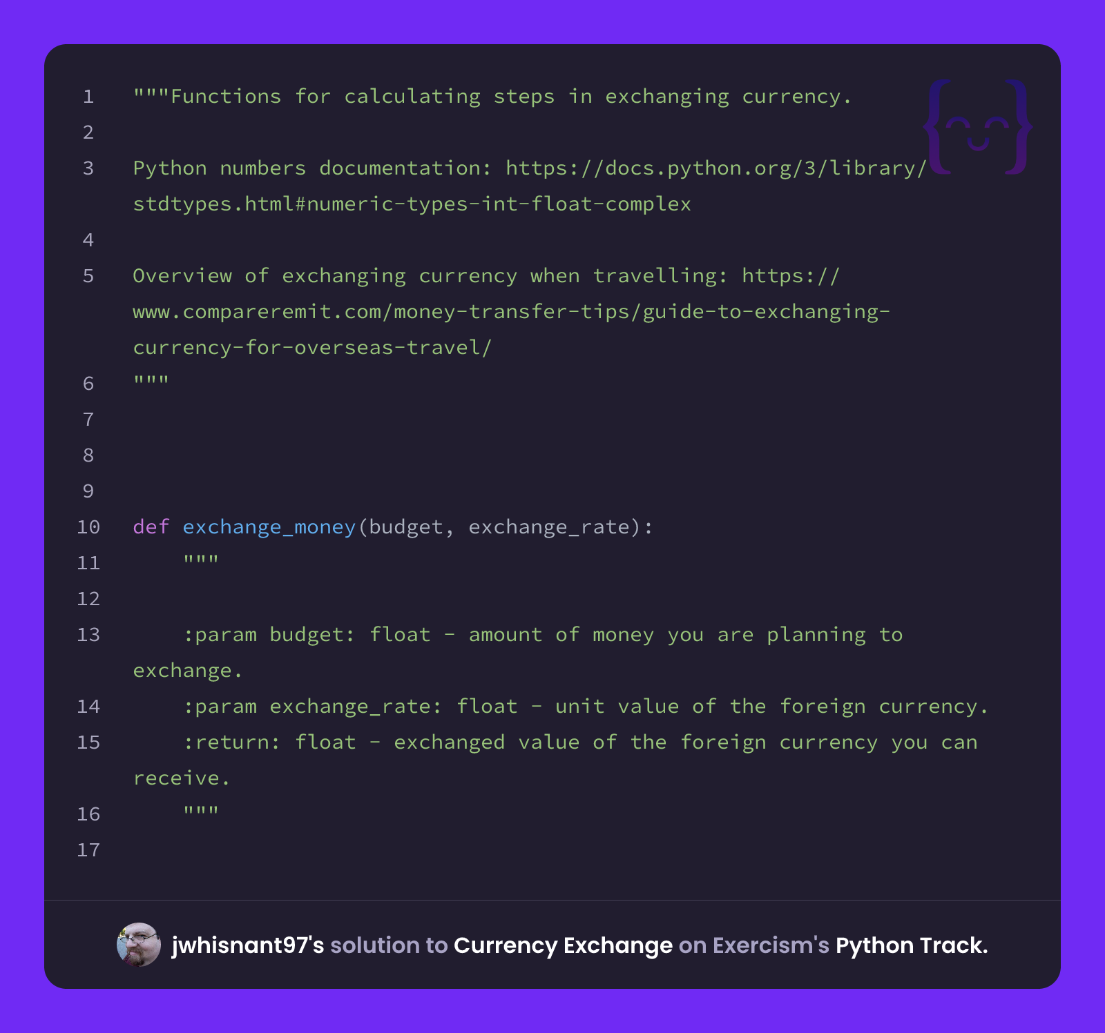 jwhisnant97's solution for Currency Exchange in Python on Exercism