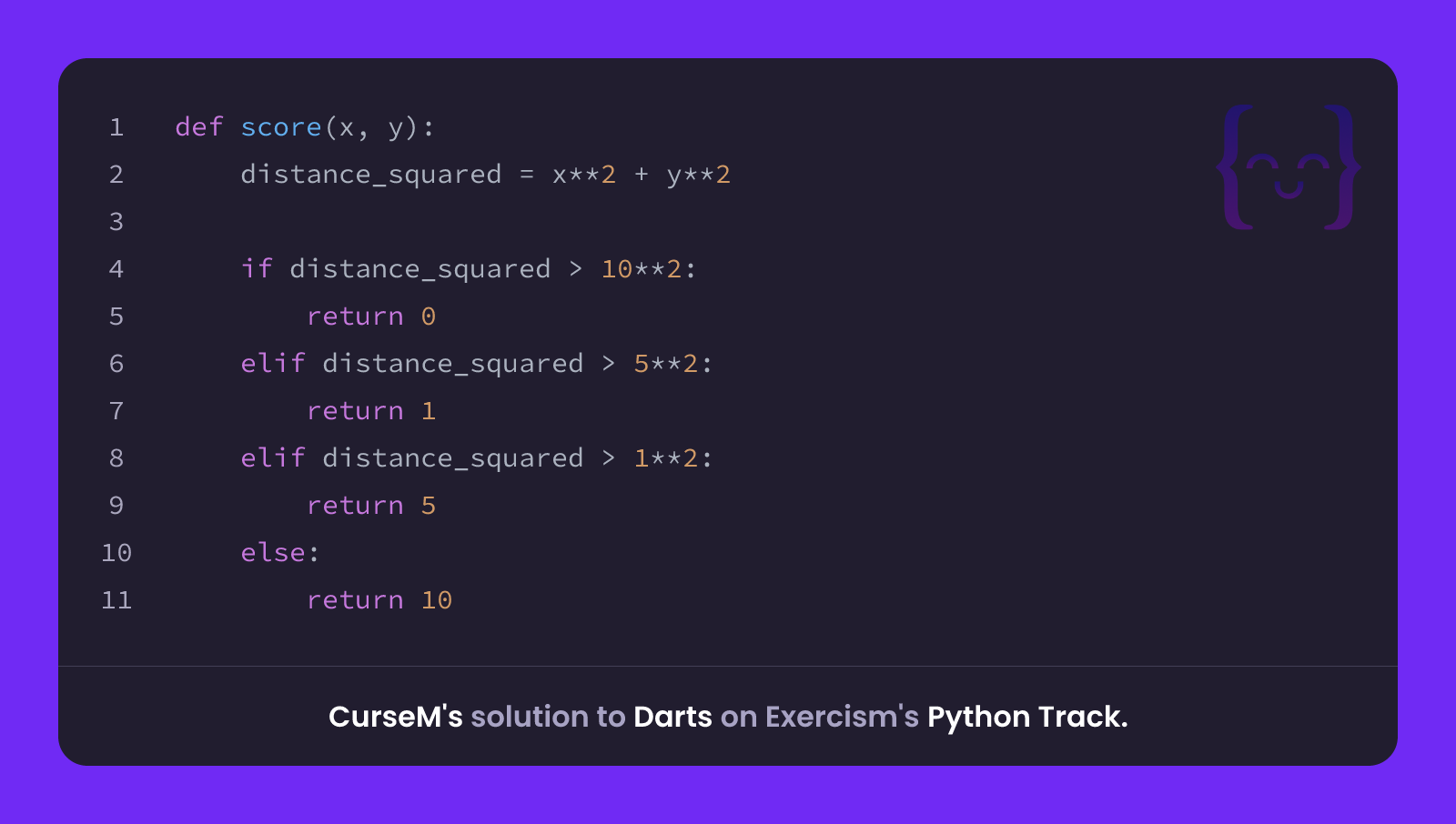 CurseM's solution for Darts in Python on Exercism