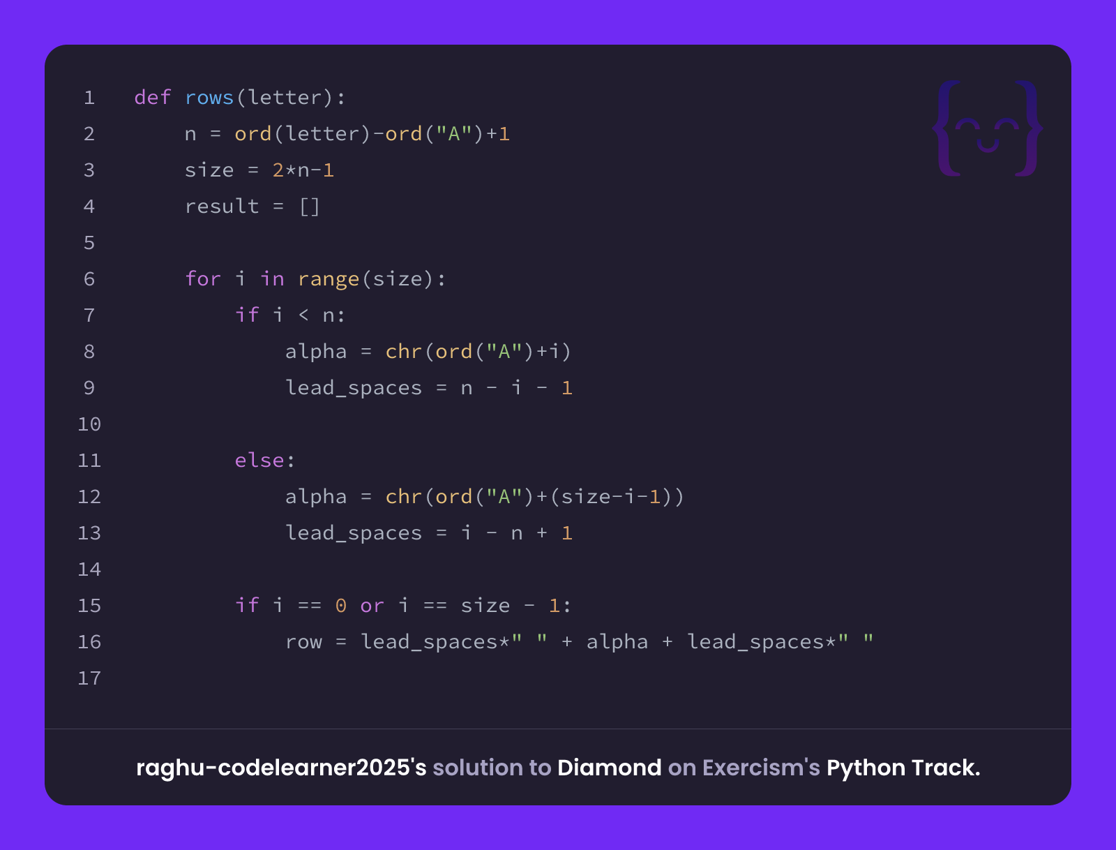 raghu-codelearner2025's solution for Diamond in Python on Exercism
