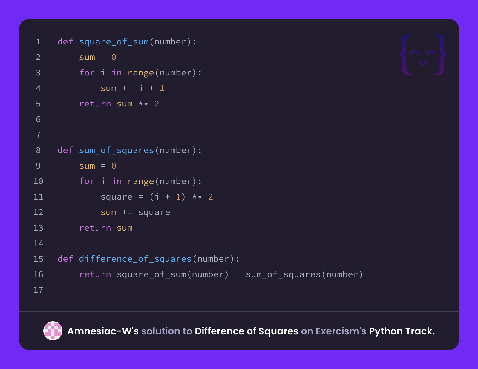 Amnesiac-W's solution for Difference of Squares in Python on Exercism