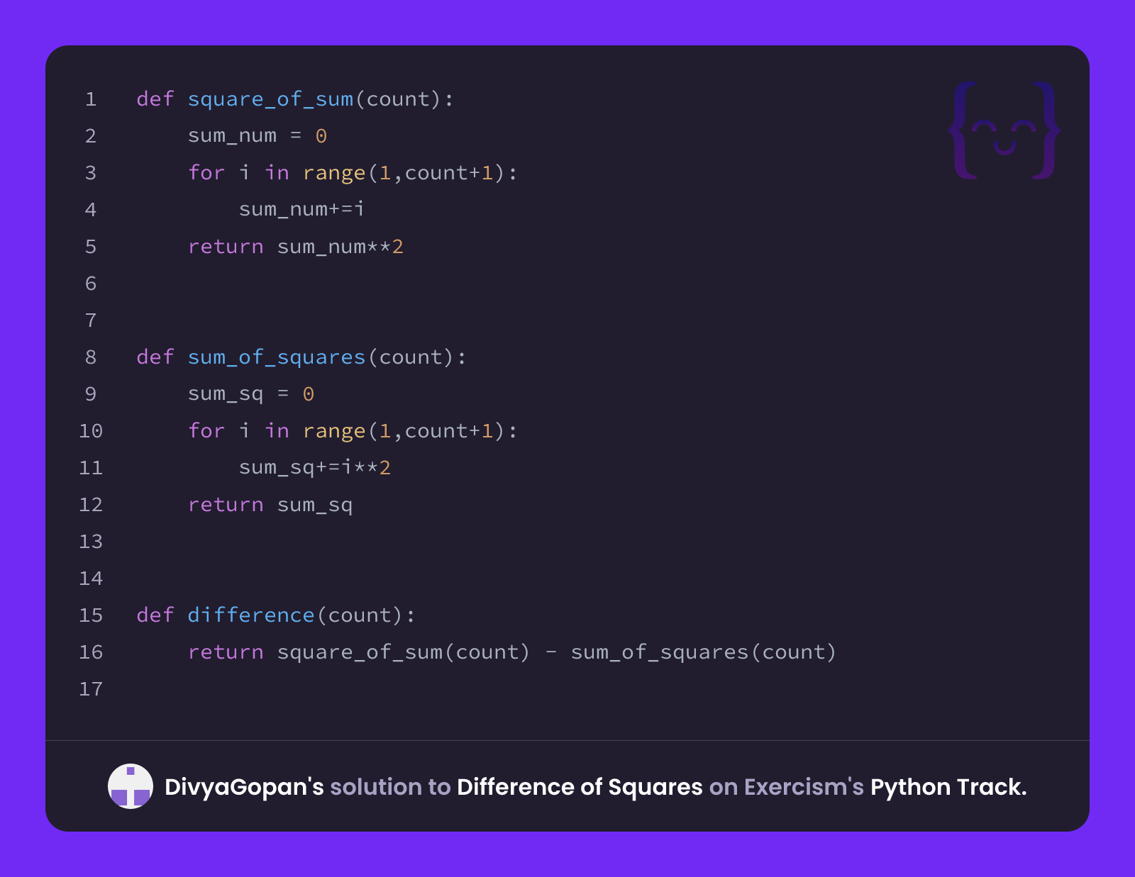 DivyaGopan's solution for Difference of Squares in Python on Exercism