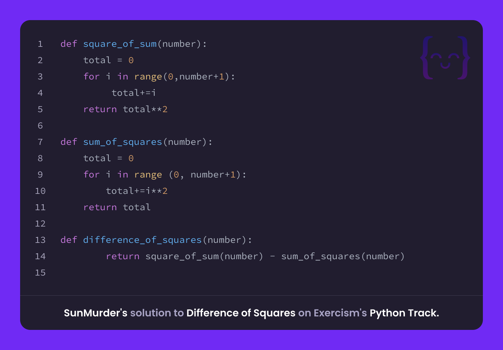 SunMurder's solution for Difference of Squares in Python on Exercism