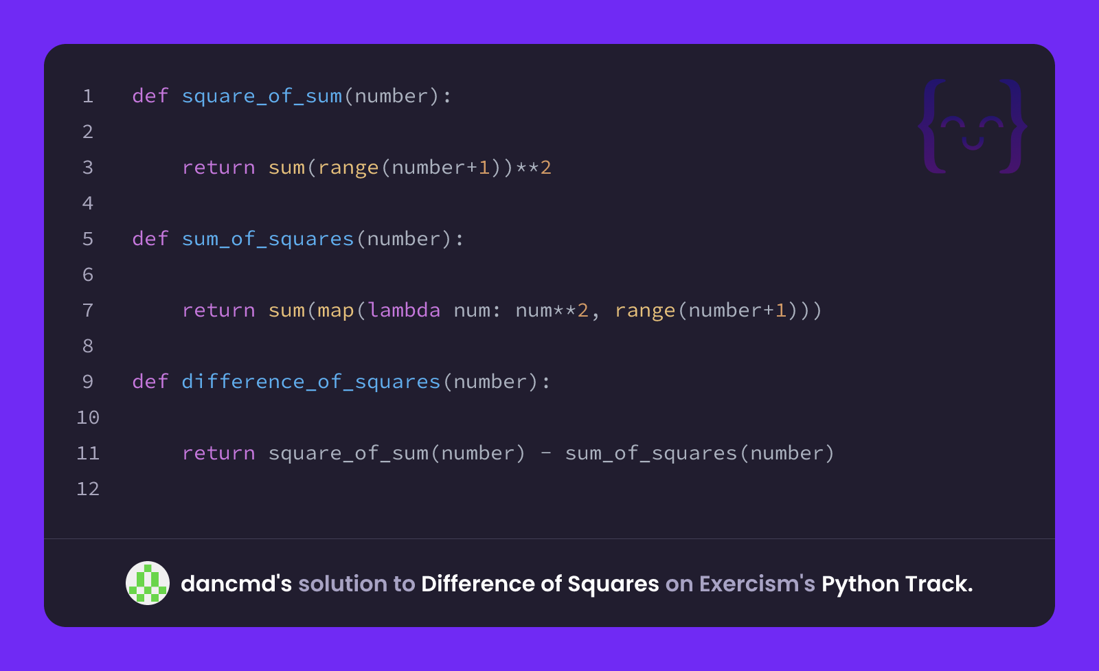 dancmd's solution for Difference of Squares in Python on Exercism