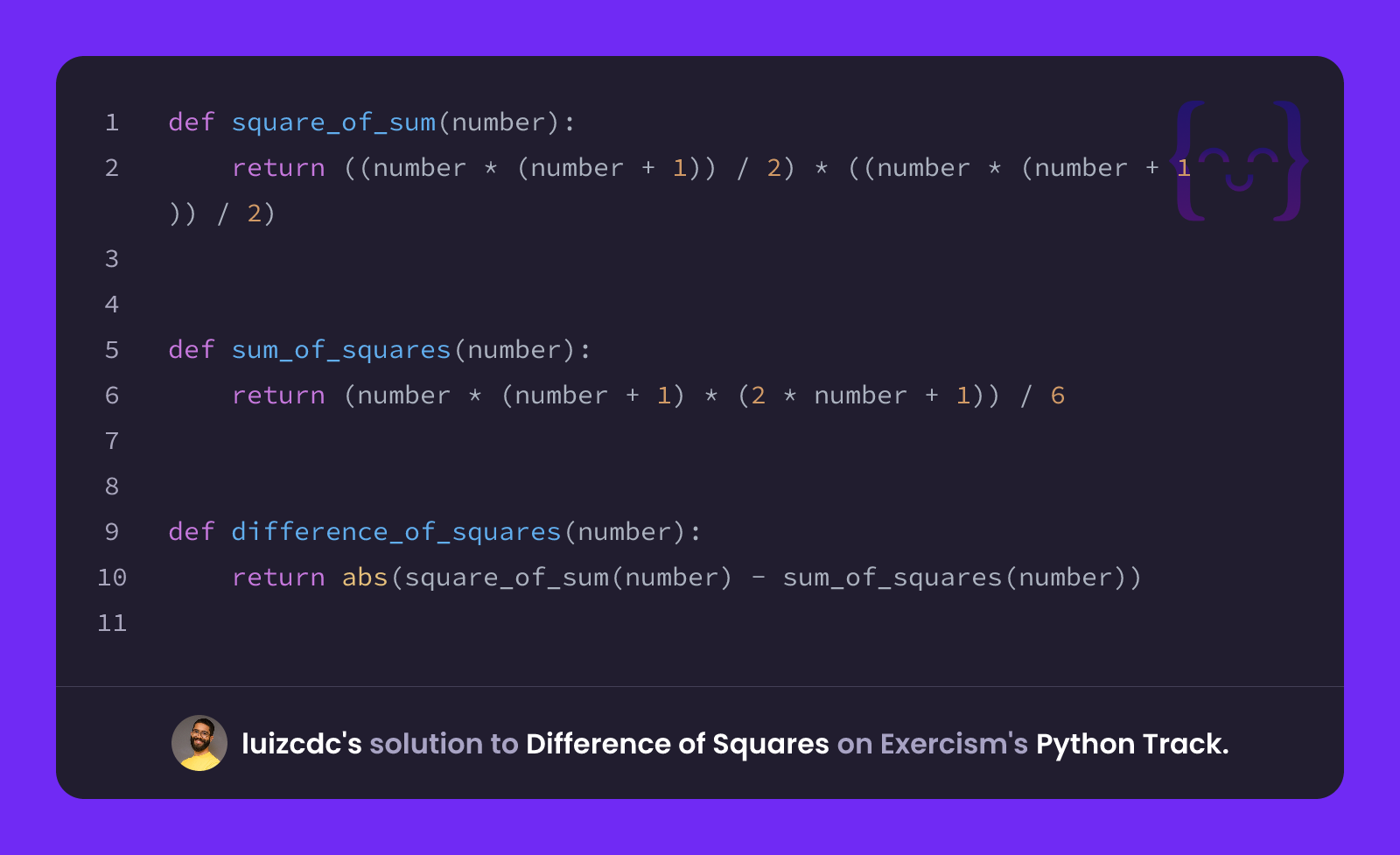 luizcdc's solution for Difference of Squares in Python on Exercism