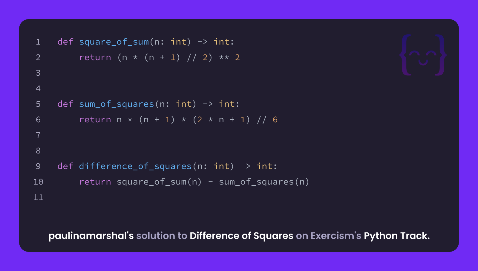 paulinamarshal's solution for Difference of Squares in Python on Exercism
