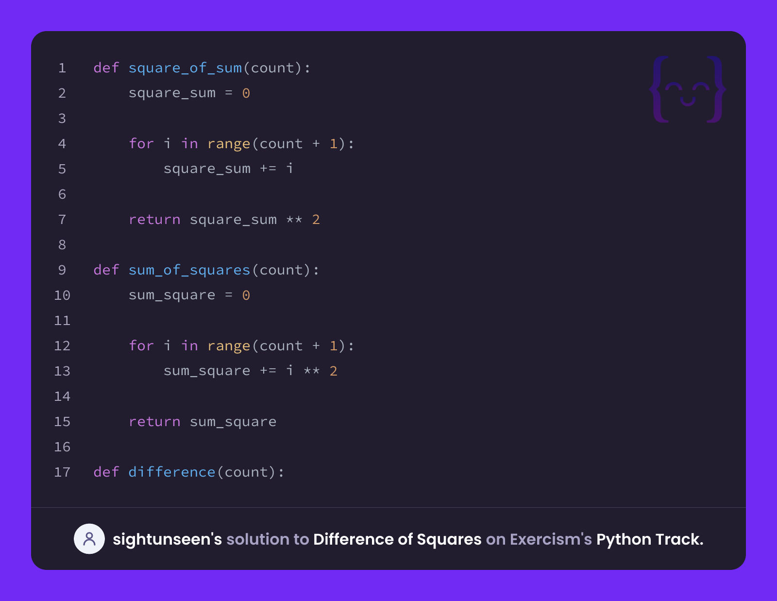 sightunseen's solution for Difference of Squares in Python on Exercism